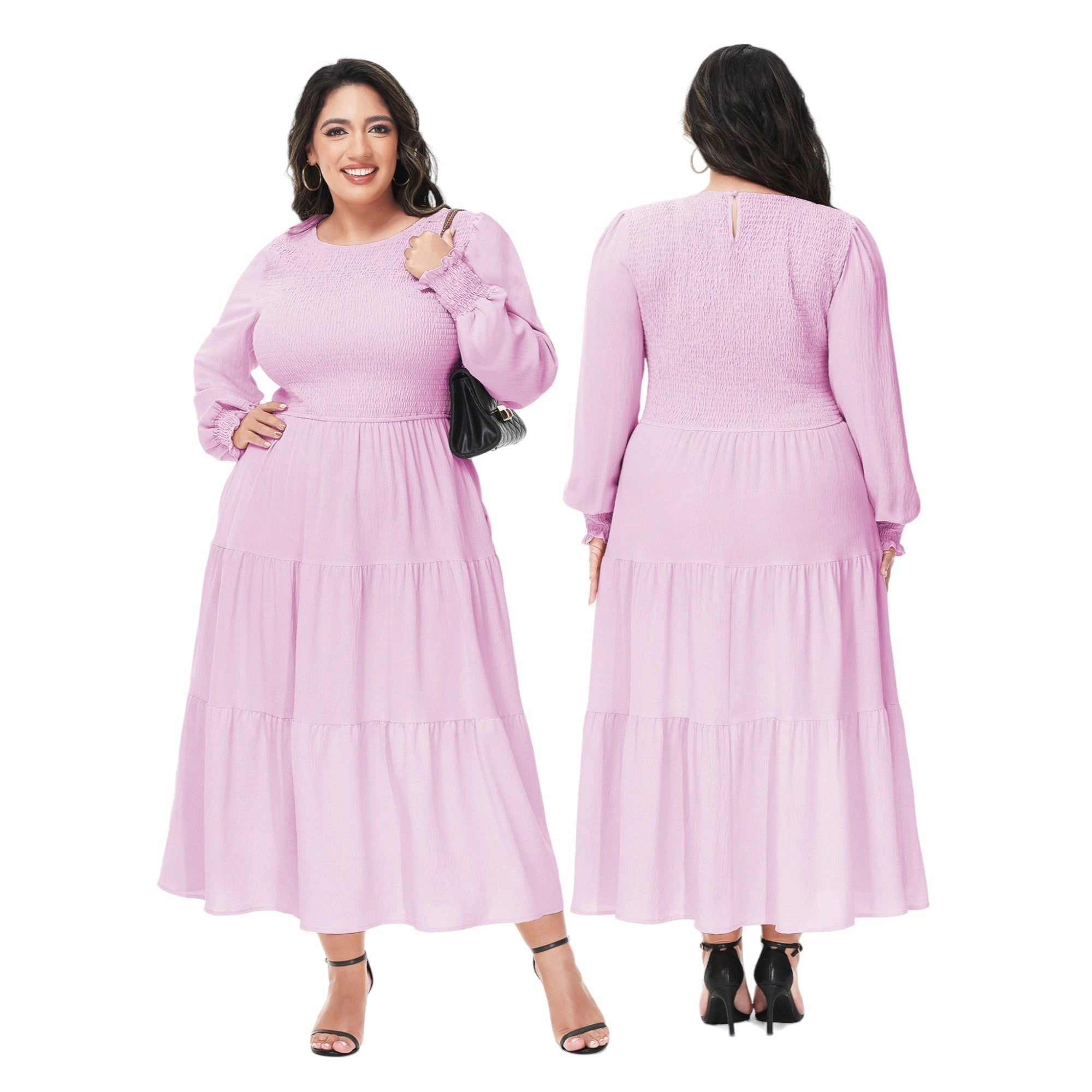 Anna-Kaci Womens Plus Smocked Chest Round Neck Flowy Tiered Maxi Dress