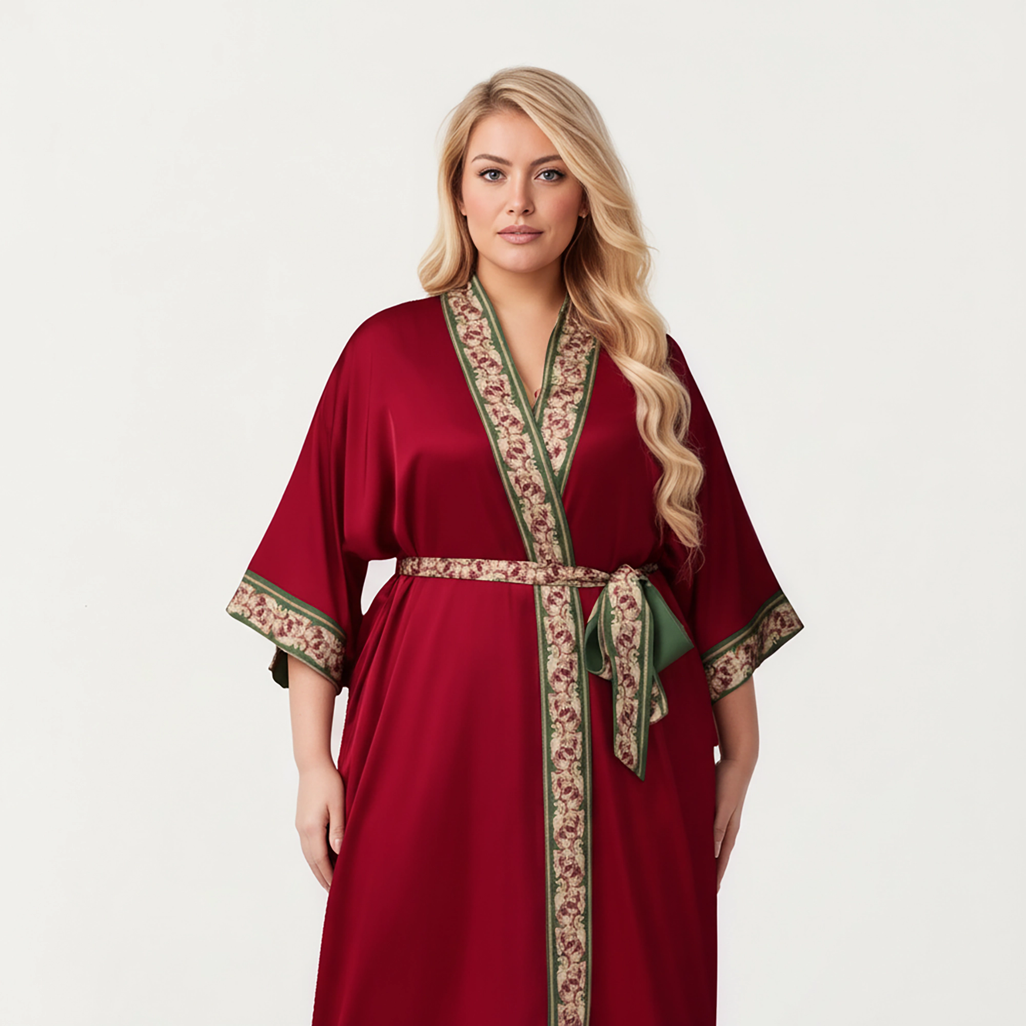 Anna-Kaci Women's Plus Size Long Robe with Decorative Trim Detailing and Soft Flowing Fabric
