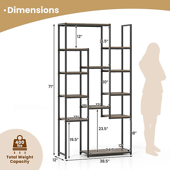 Hivvago Tall Vintage Geometric Bookshelf with 12 Open Shelves