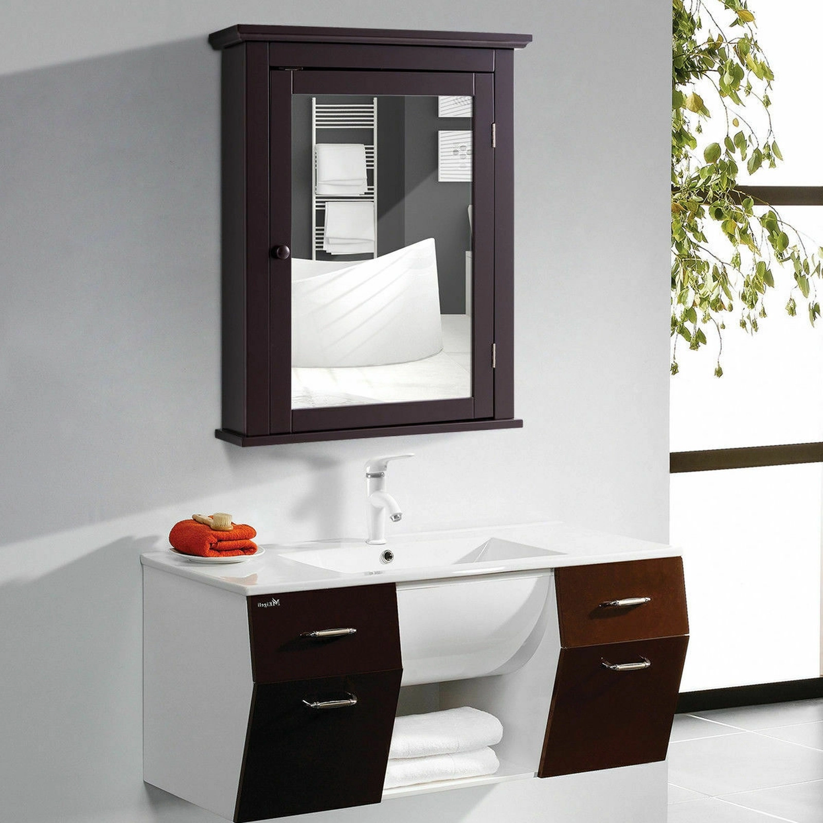 SUGIFT Mirrored Door Retro Handle Adjustable Shelves MDF Bathroom Medicine Cabinet 22-in x 6-in x 27.5-in 11-lb Brown