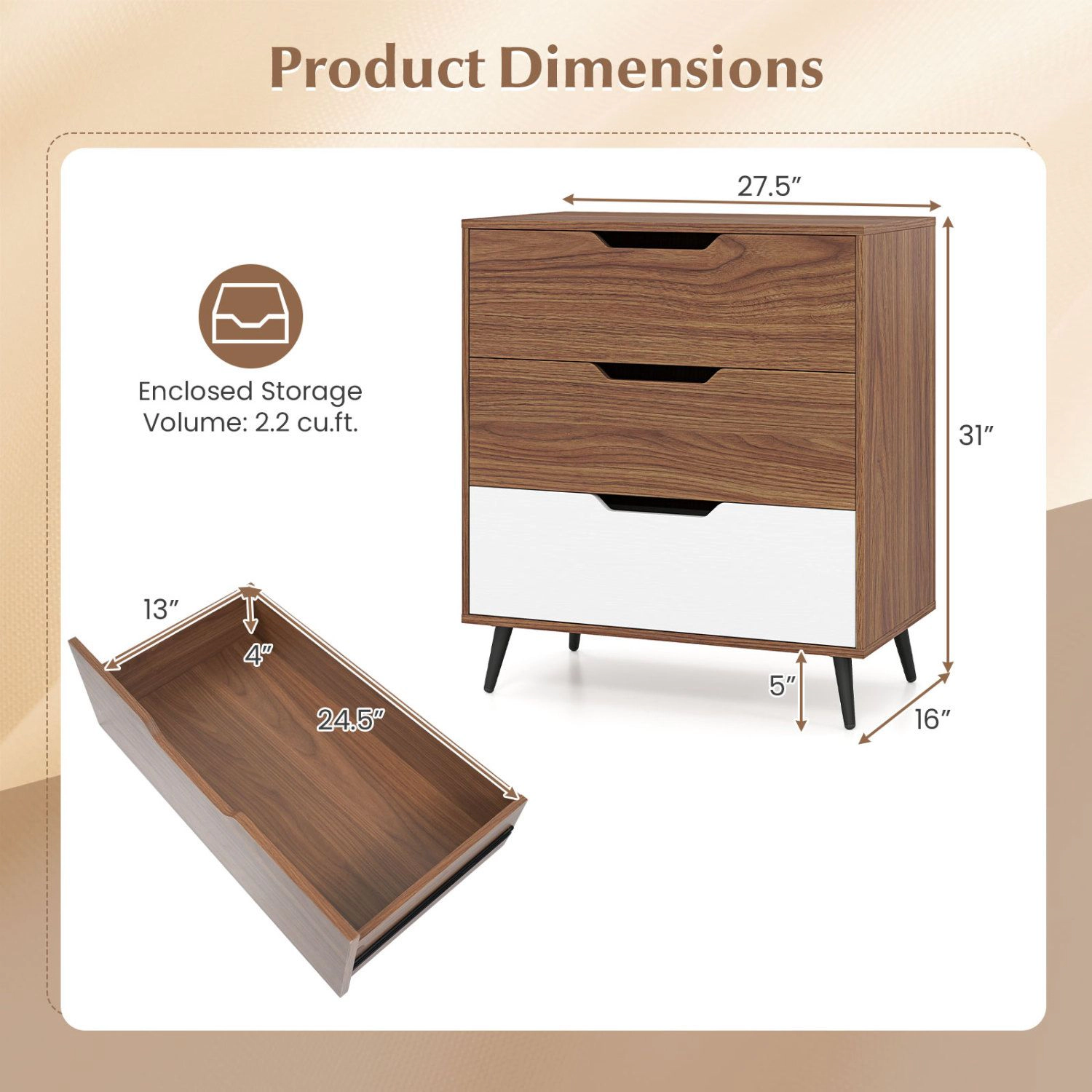 SlickBlue 3-Drawer Bedroom Dresser with Metal Legs and Wall Anchor