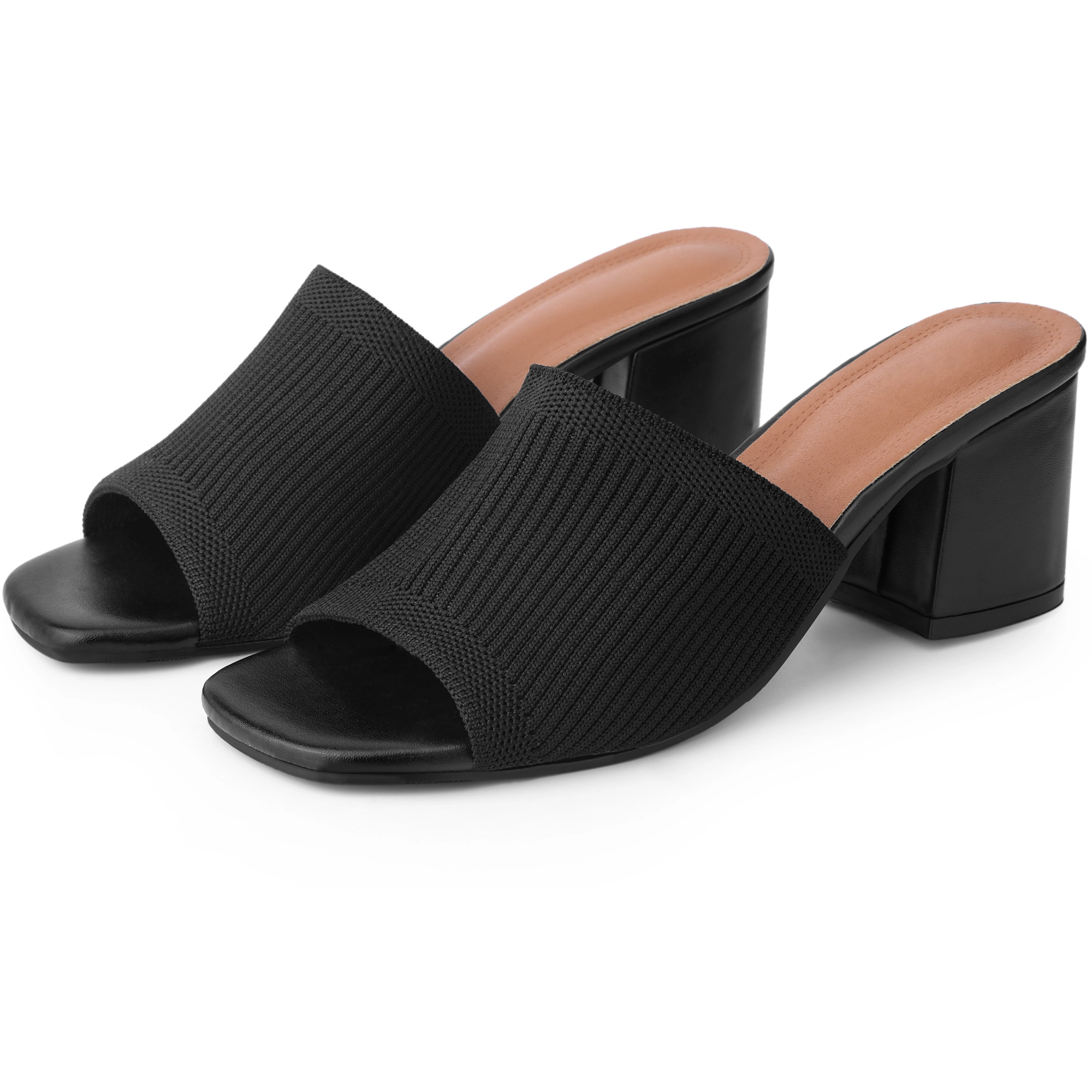 BLISSFUL STEP Women's Faux Leather Square Toe Slip on Chunky Heel Slides Sandals