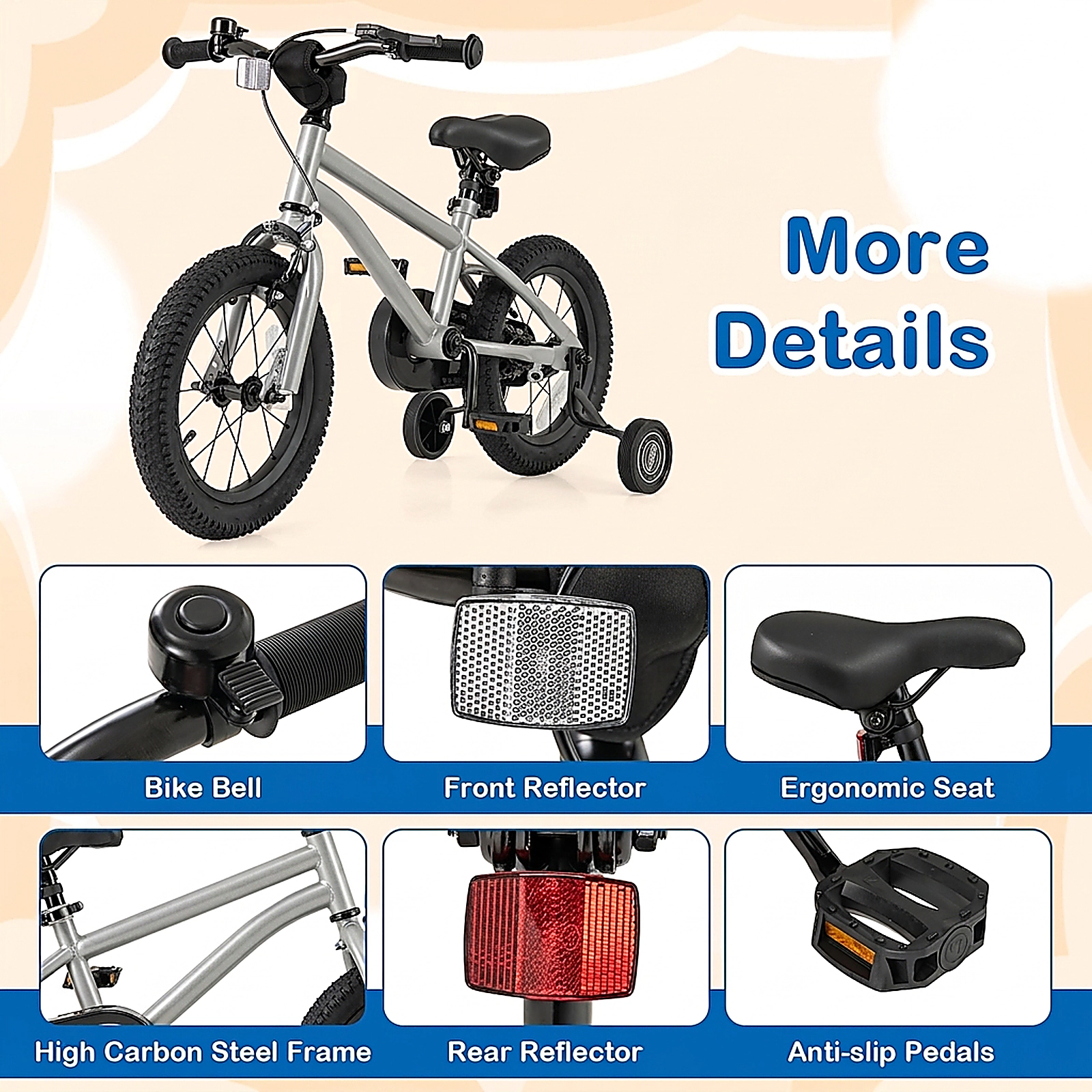 SUGIFT Kids Silver 14-in Steel Bike with Hand and Coaster Brakes and Enclosed Chain Guard Ages 3-5