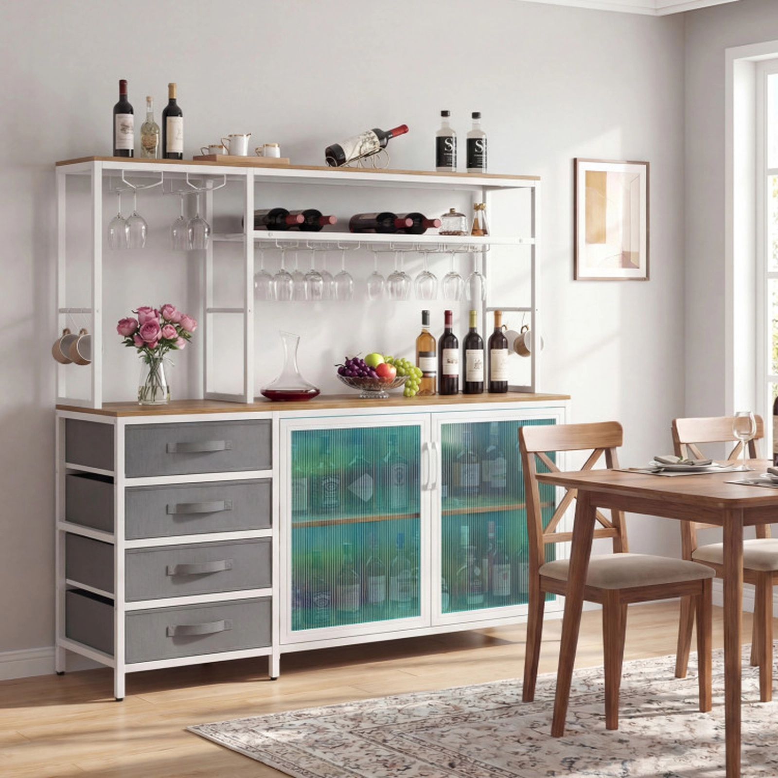 SUGIFT LED-Lit Sideboard Buffet Cabinet with Power Outlets 88-lb Tabletop Capacity Rustic Brown + Black/Natural + White