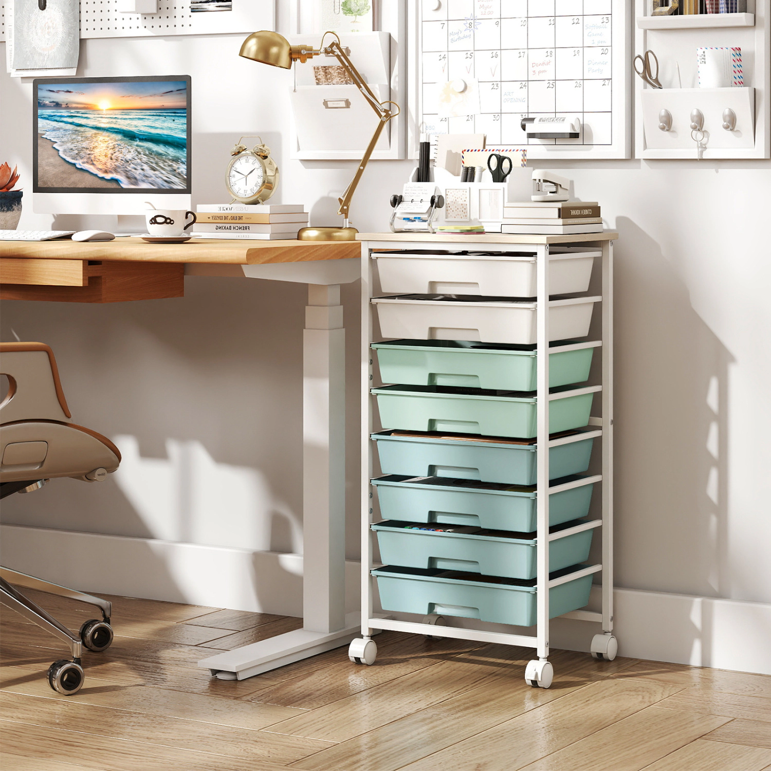 LJG Rolling Cart with 8 Drawers and Wooden Tabletop Lockable Wheels for Home Office