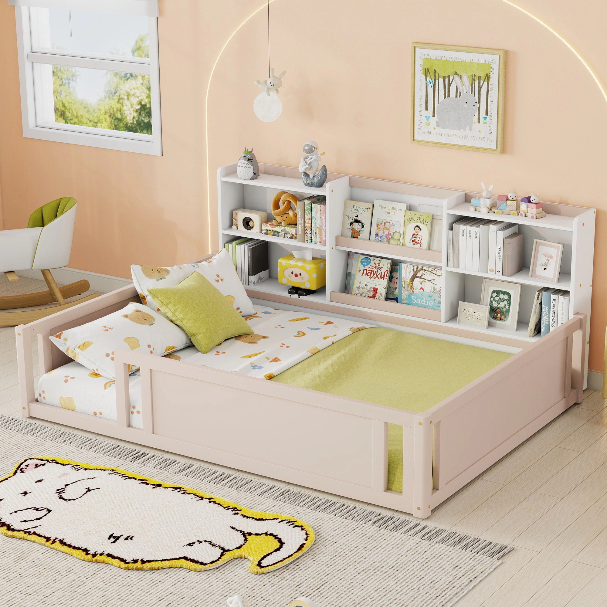 Flynama Full Wooden Floor Bed with Guardrail & Side Shelves, Space-Saving Kids Bed, Nude White