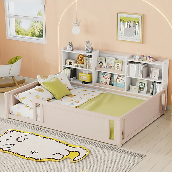 Flynama Full Wooden Floor Bed with Guardrail & Side Shelves, Space-Saving Kids Bed, Nude White