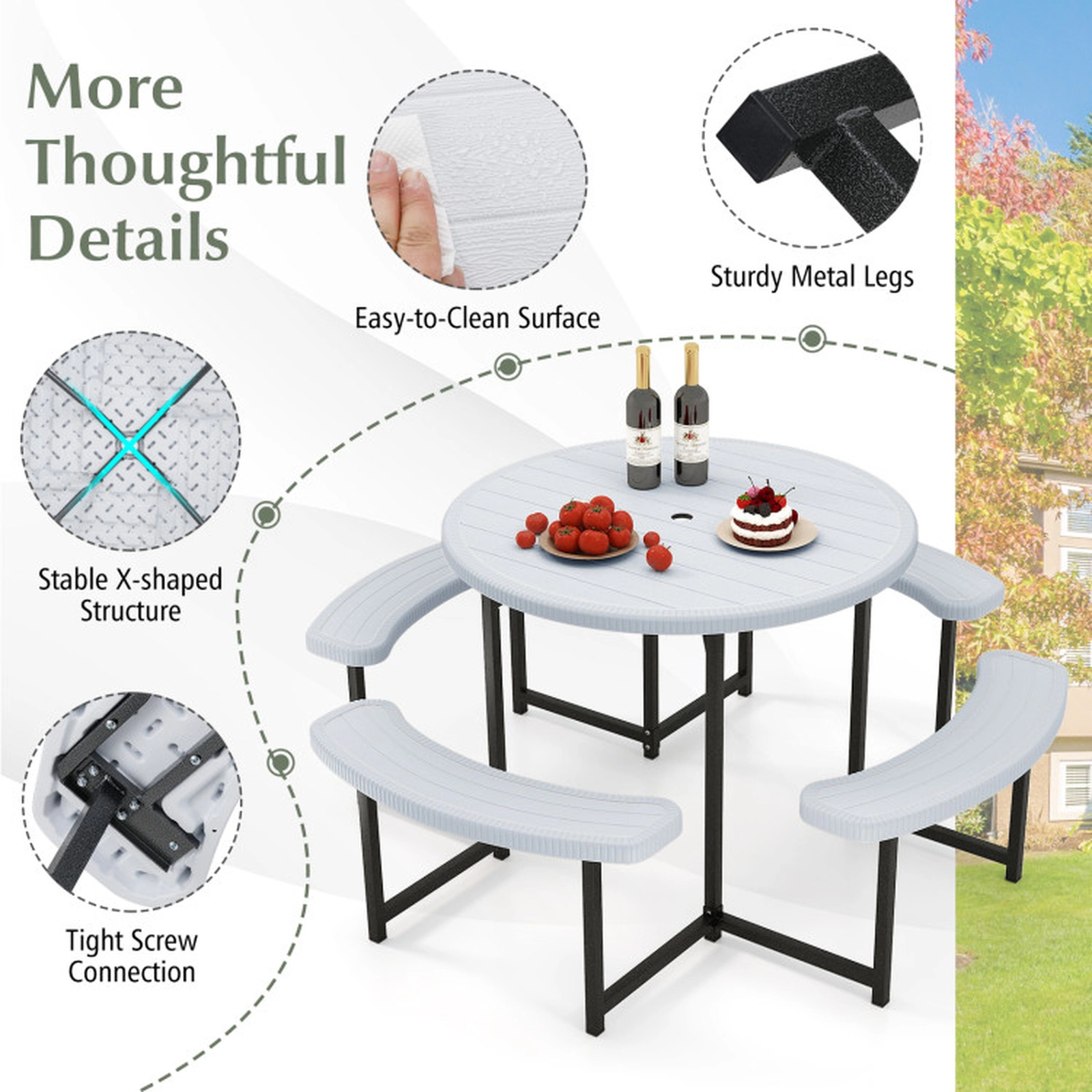 SUGIFT White Round Picnic Table with 4 Curved Benches and Umbrella Hole 37-in Dia 29-in H 200-lb Tabletop Capacity