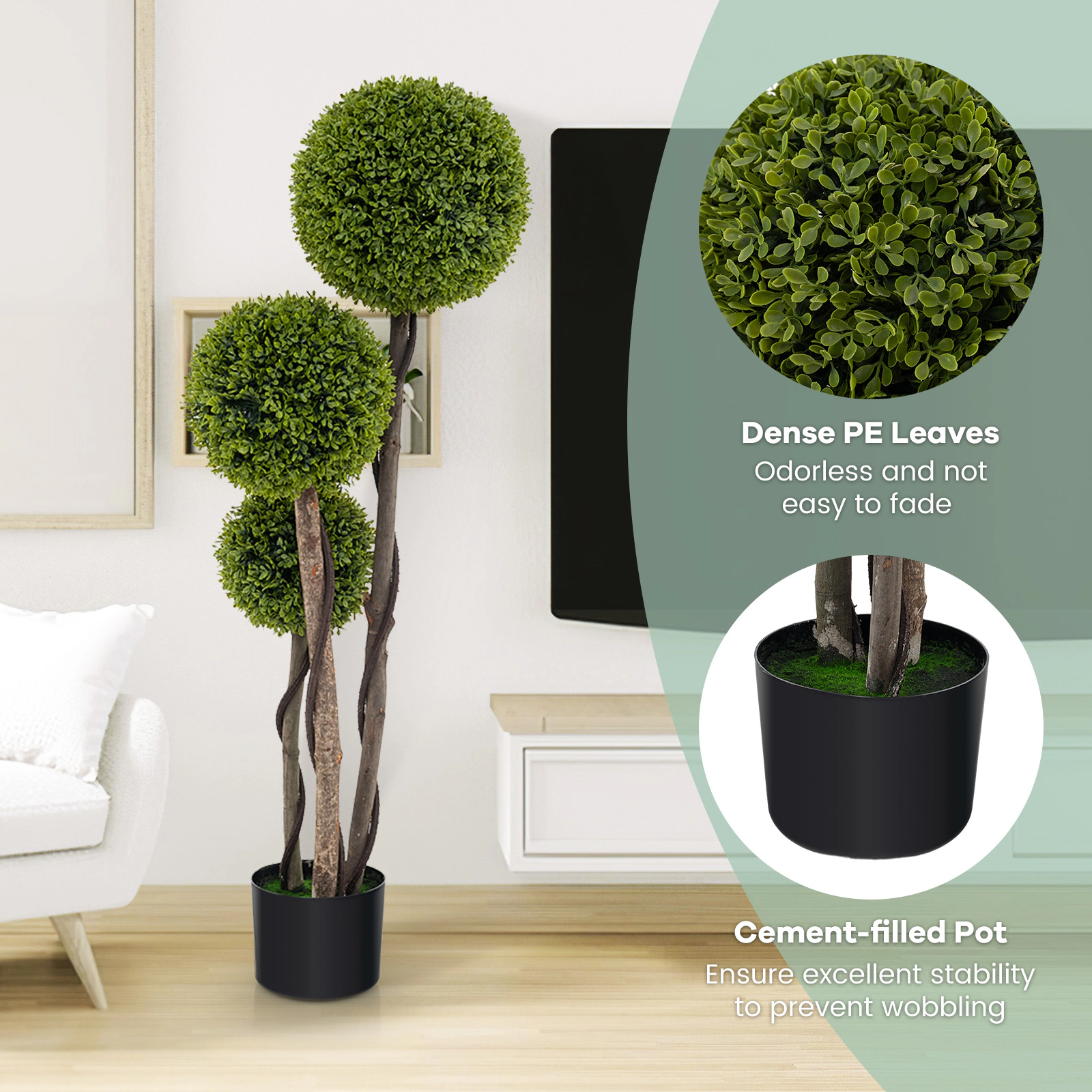 SUGIFT 47-in Artificial Boxwood Triple Ball Topiary Tree with Eucalyptus Wood Trunks and Weighted Pot