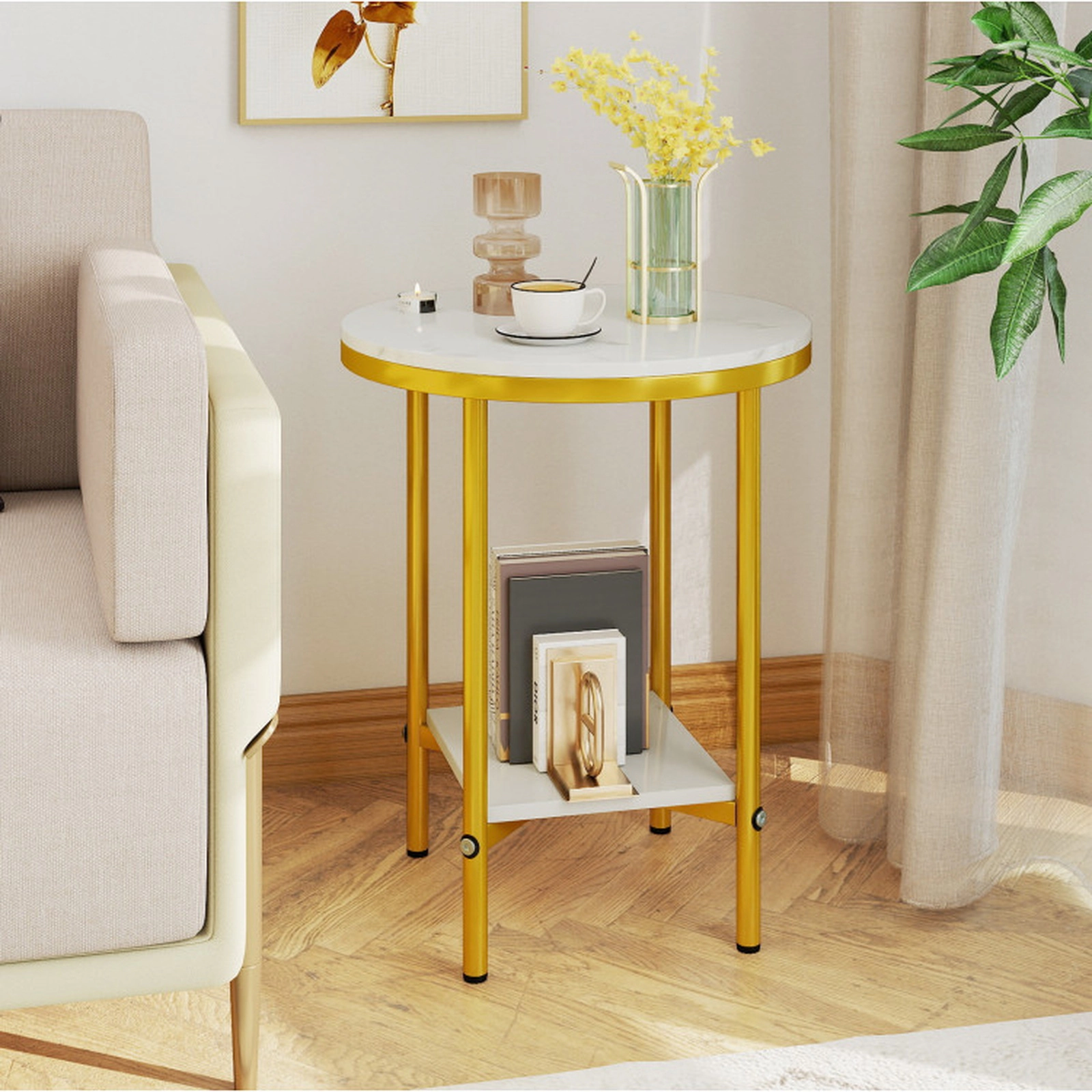 SUGIFT Faux Marble Top and Storage Shelf 2-Tier White and Gold Round Coffee Table