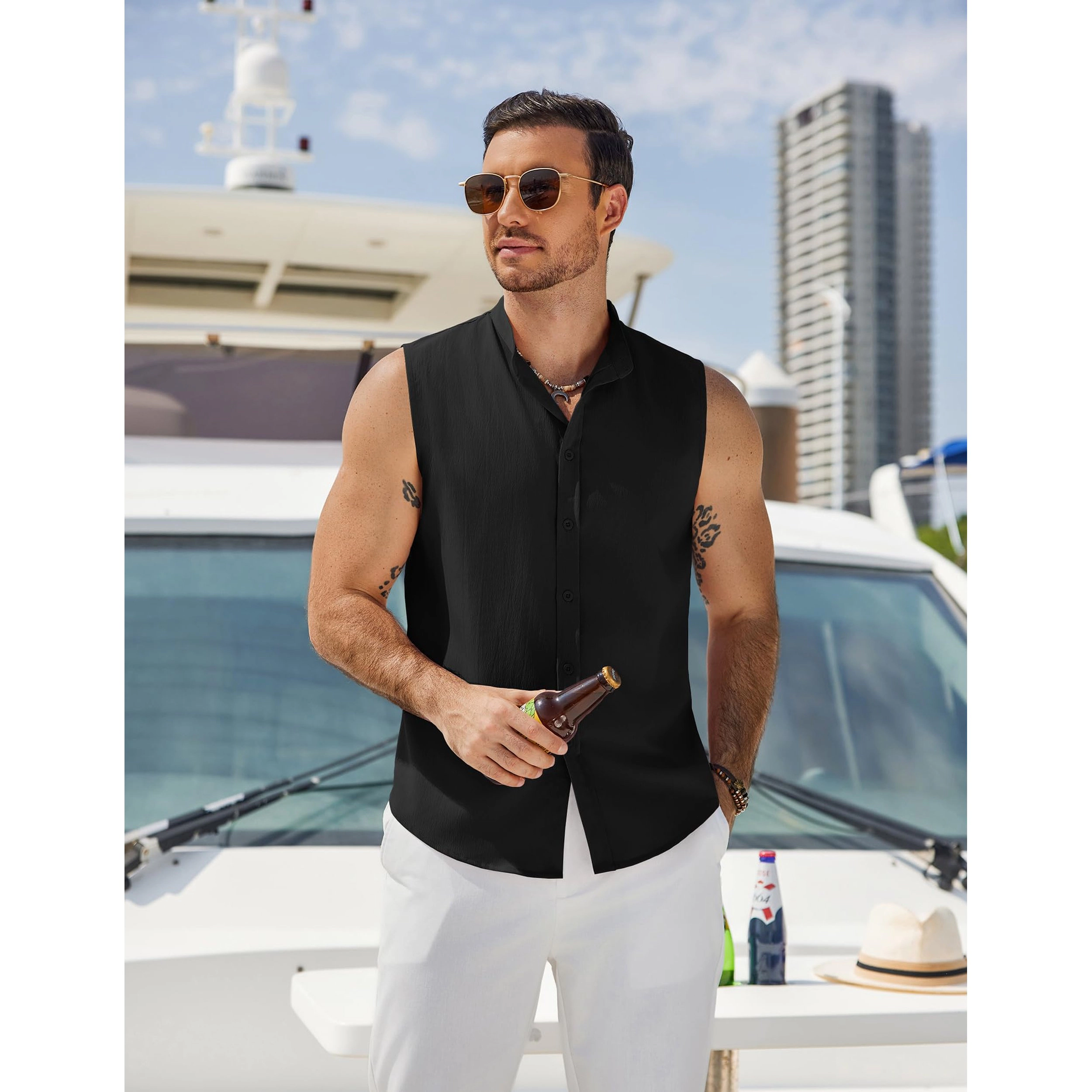 COOFANDY Men's Regular Fit Sleeveless Mock Neck Button Front Shirt