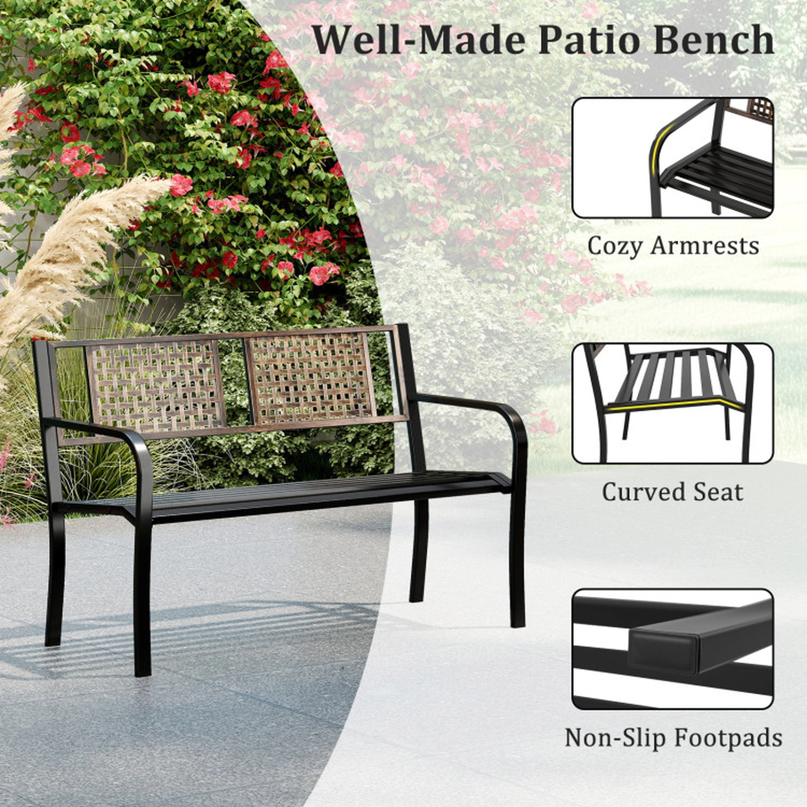 SUGIFT Black Rattan-Like Backrest for 2-3 People 50 Inch Outdoor Metal Garden Bench