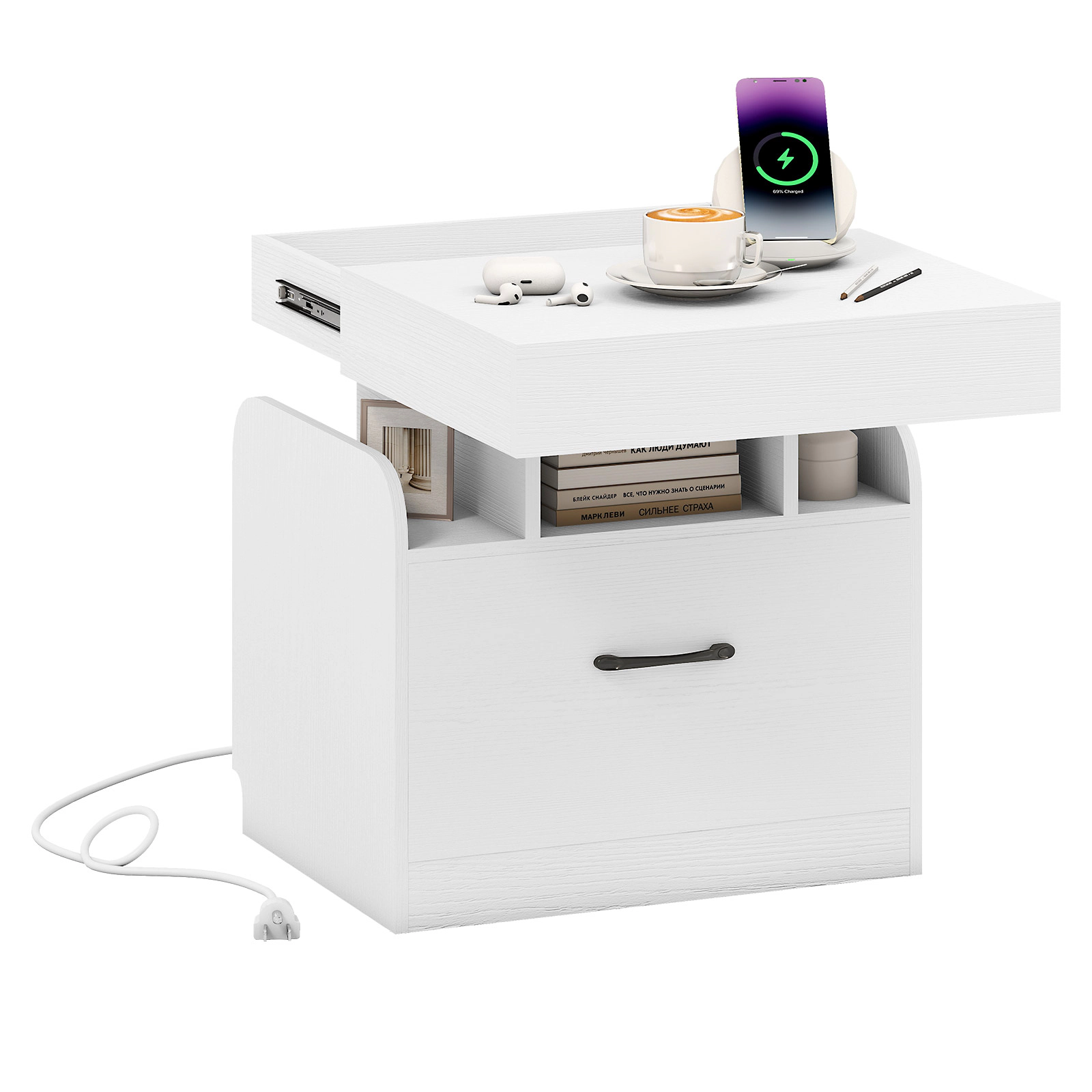 SUGIFT Nightstand with Charging Station Sliding Top Storage 66-lb Tabletop Capacity 3-Compartment Bedside Table White