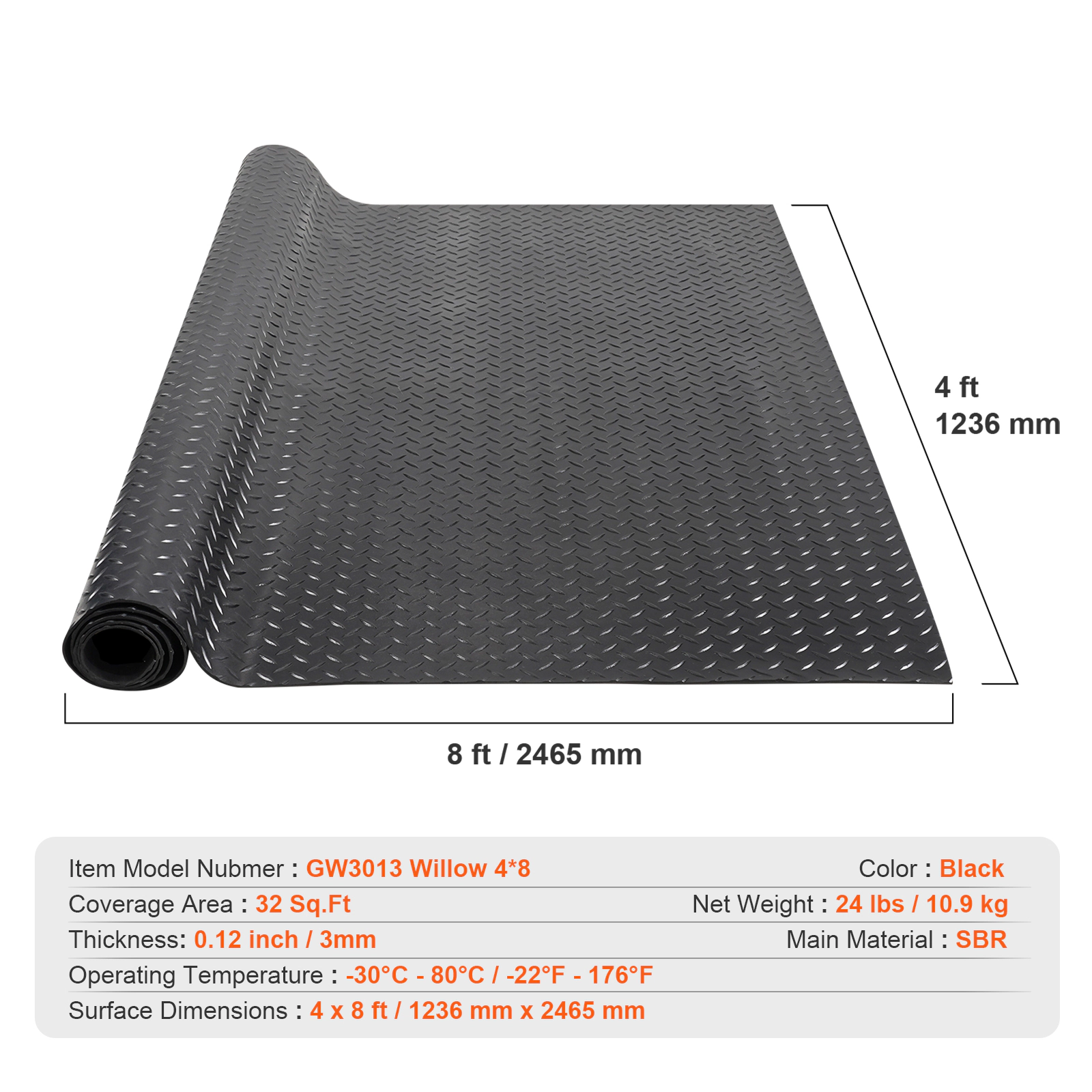 HONGGE Diamond-Plate Rubber Flooring Roll 3 mm x 4 ft Garage Floor Mat SBR Rubber Garage Flooring Roll Easy to Clean