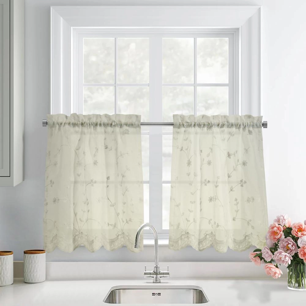Habitat Grandeur Sheer Floral Motif and Scalloped Bottom Hem Pole Top Curtain Tiers