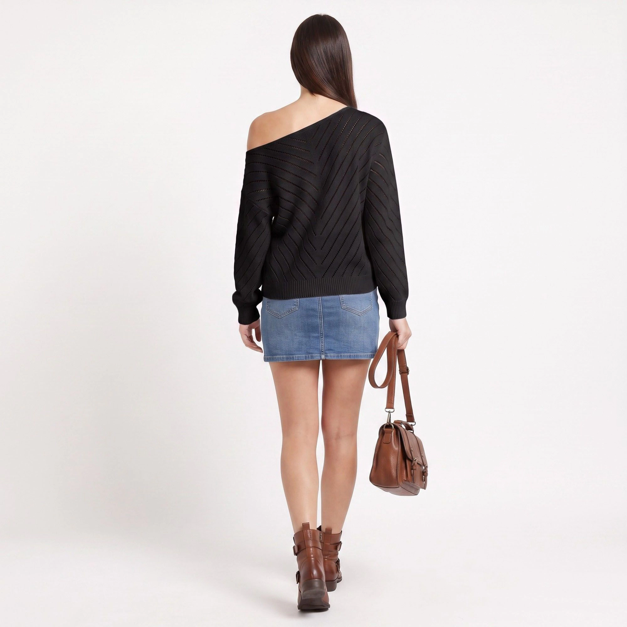 Anna-Kaci Women's Chevron Pointelle V-Neck Long Sleeve Knit Sweater