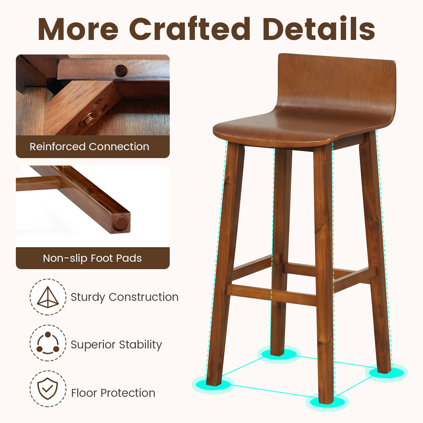 SUGIFT 29-in Solid Wood Bar Stools Set of 2 with Backrest 330-lb Capacity 29-in Seat Height Walnut