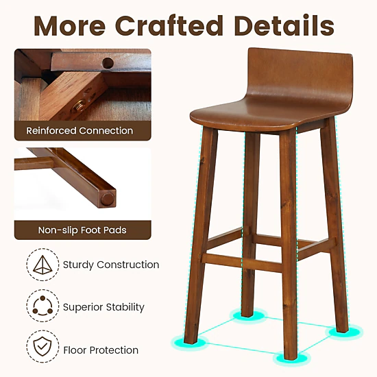 SUGIFT 29-in Solid Wood Bar Stools Set of 2 with Backrest 330-lb Capacity 29-in Seat Height Walnut