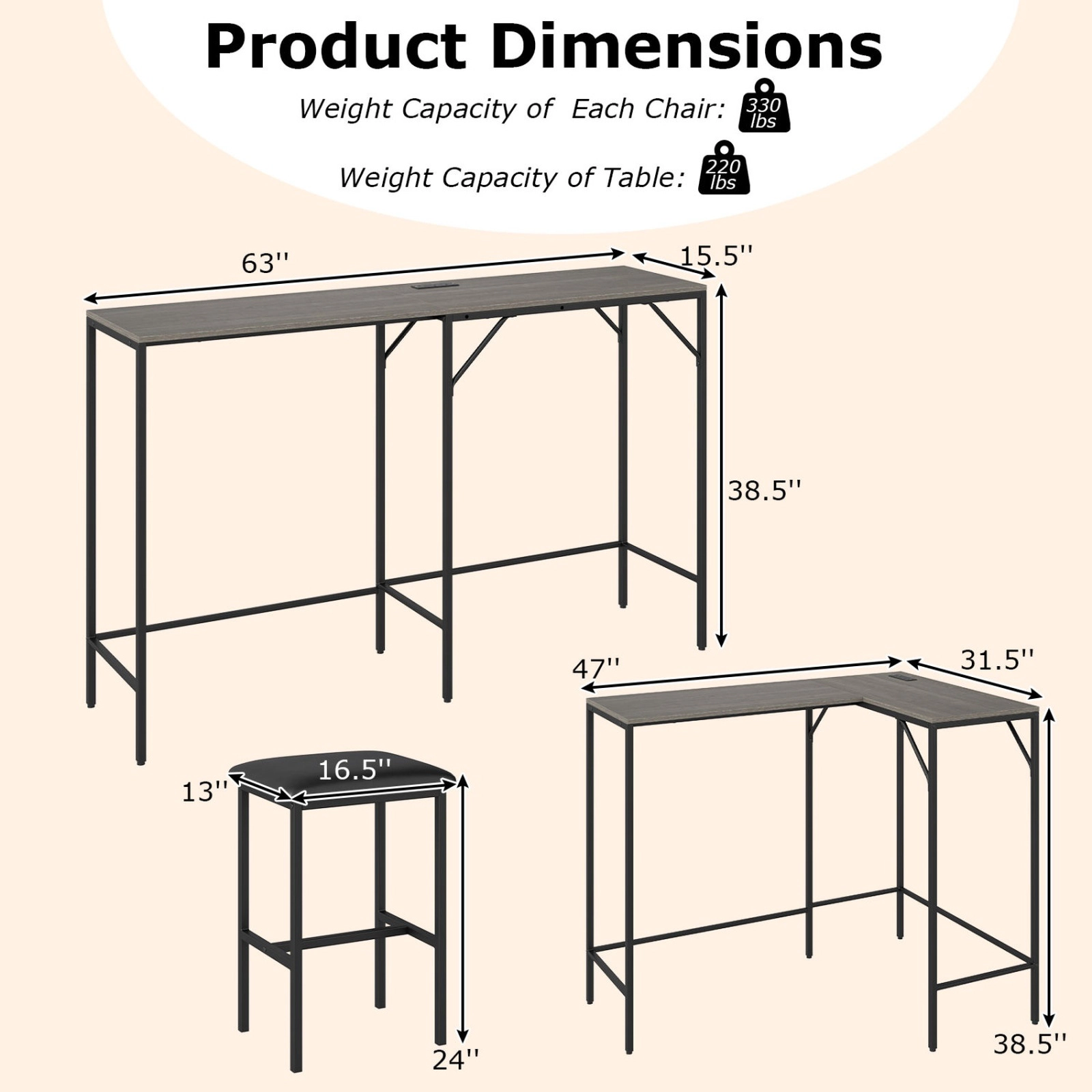 SUGIFT L-Shaped Dining Table and Chair Set with Charging Station 220-lb Table Capacity Industrial Brown and Black