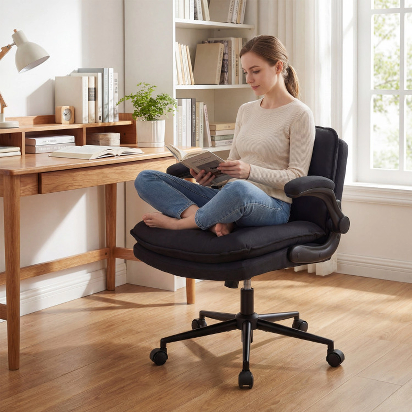 SUGIFT Criss Cross Faux Leather Office Chair on Wheels with Flip-up Arms Adjustable Height 330-lb Capacity Beige/Gray