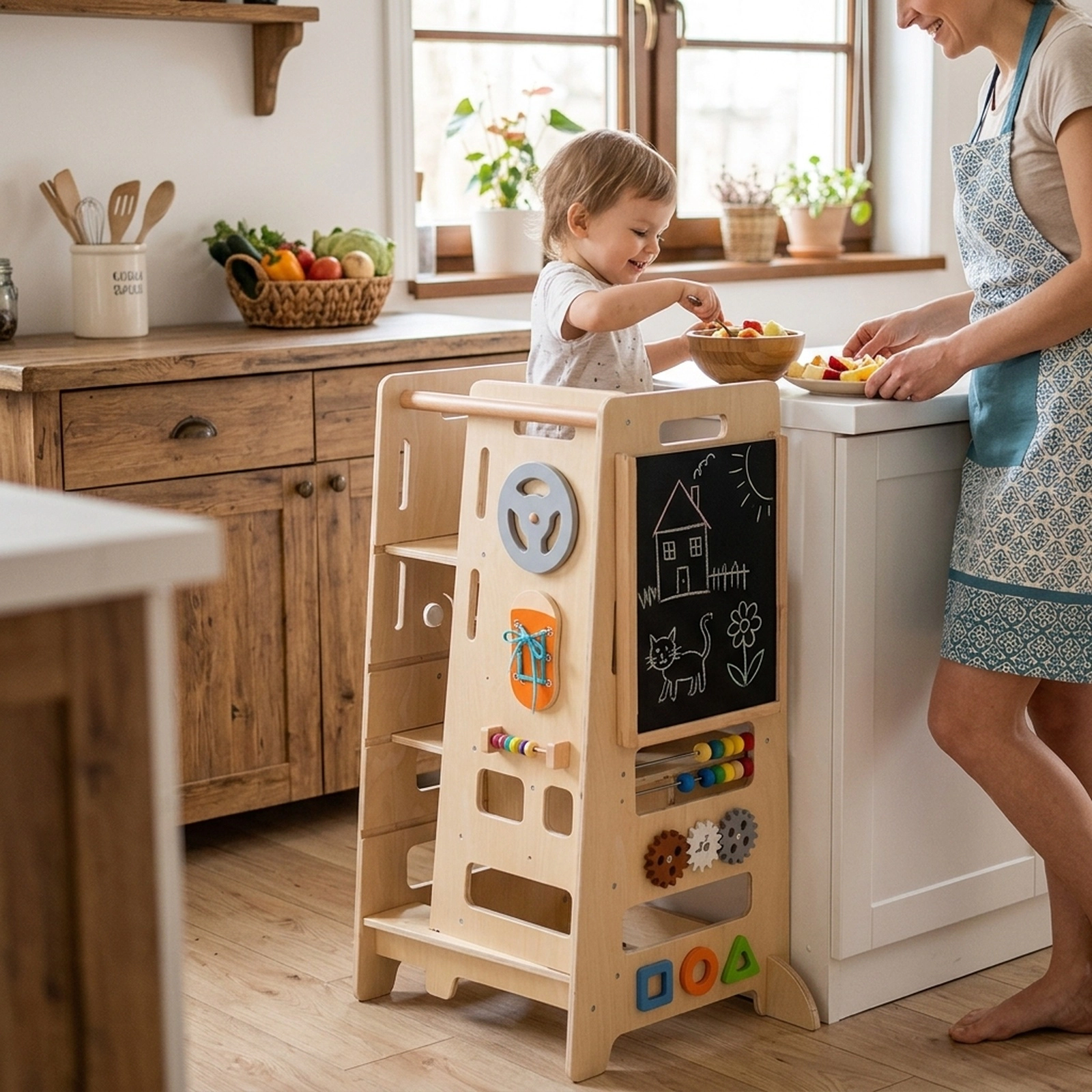 SUGIFT Natural Wooden Toddler Standing Kitchen Tower with 2 Adjustable Heights and Chalkboard Panel