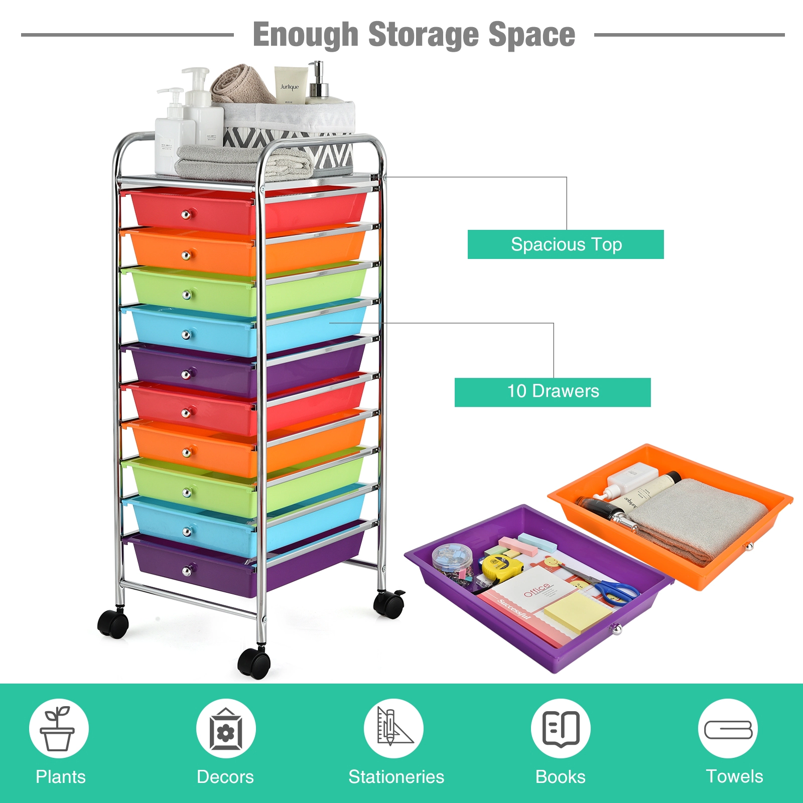 SUGIFT Purple 10-Drawer Slim Rolling Storage Cart with 4 Universal Casters 13-in W 15-in D 34-in H 3-lb Per Drawer
