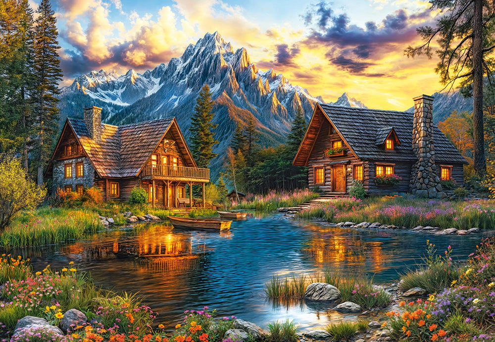 CASTORLAND 1000 Piece Jigsaw Puzzles, Summertime Evening, Cozy mountain cabins, Peaceful beauty, Sunset, C-105397-2