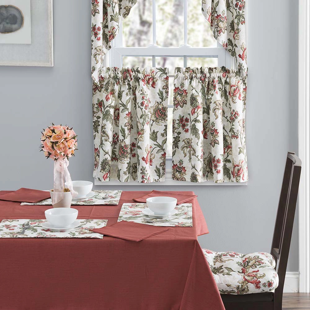 Ellis Curtain Madison Floral Design Printed Natural Ground 1.5" Rod Pocket Tailored Tier 56" x 36" Brick
