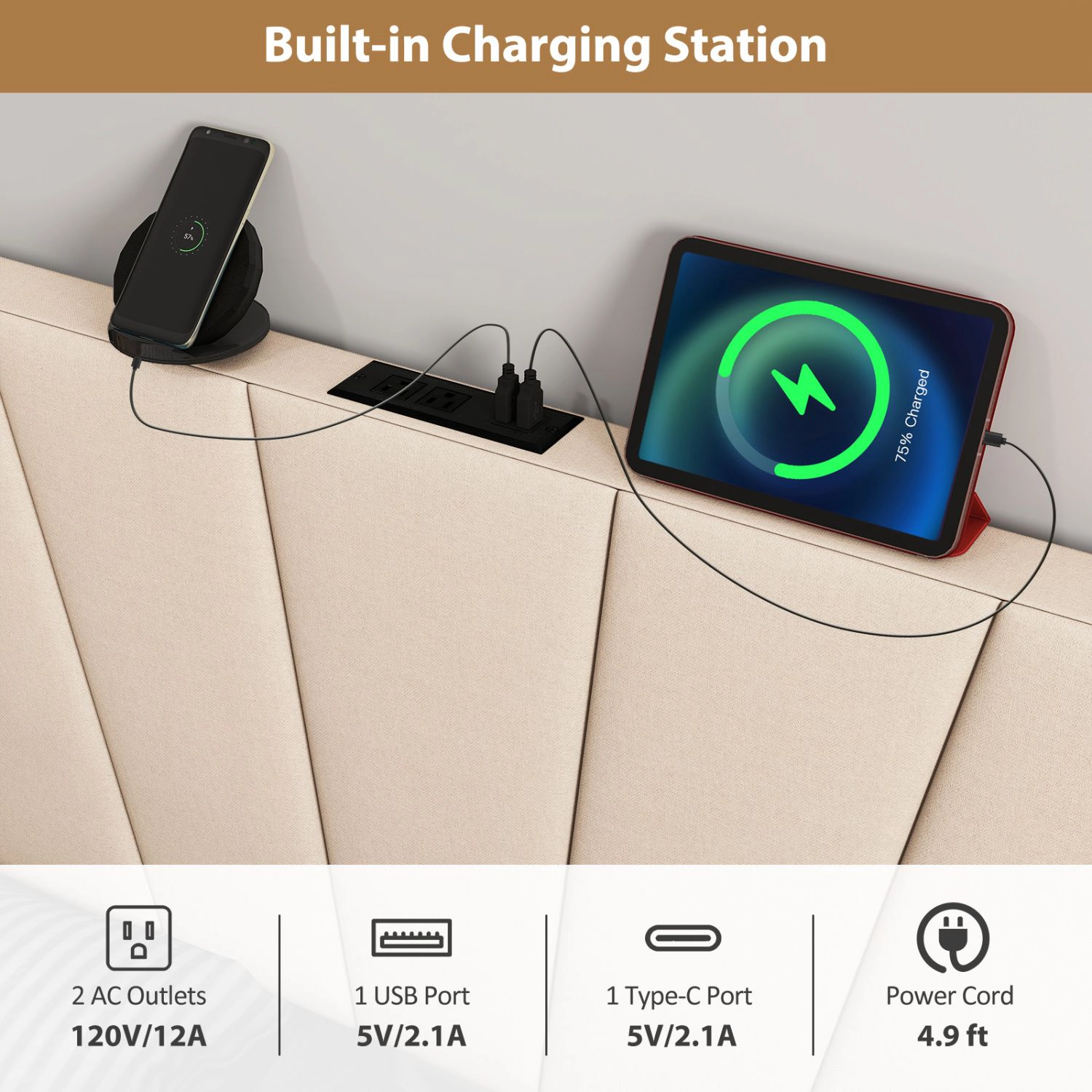 SlickBlue Unisex Geometric Upholstered Headboard with Charging Station