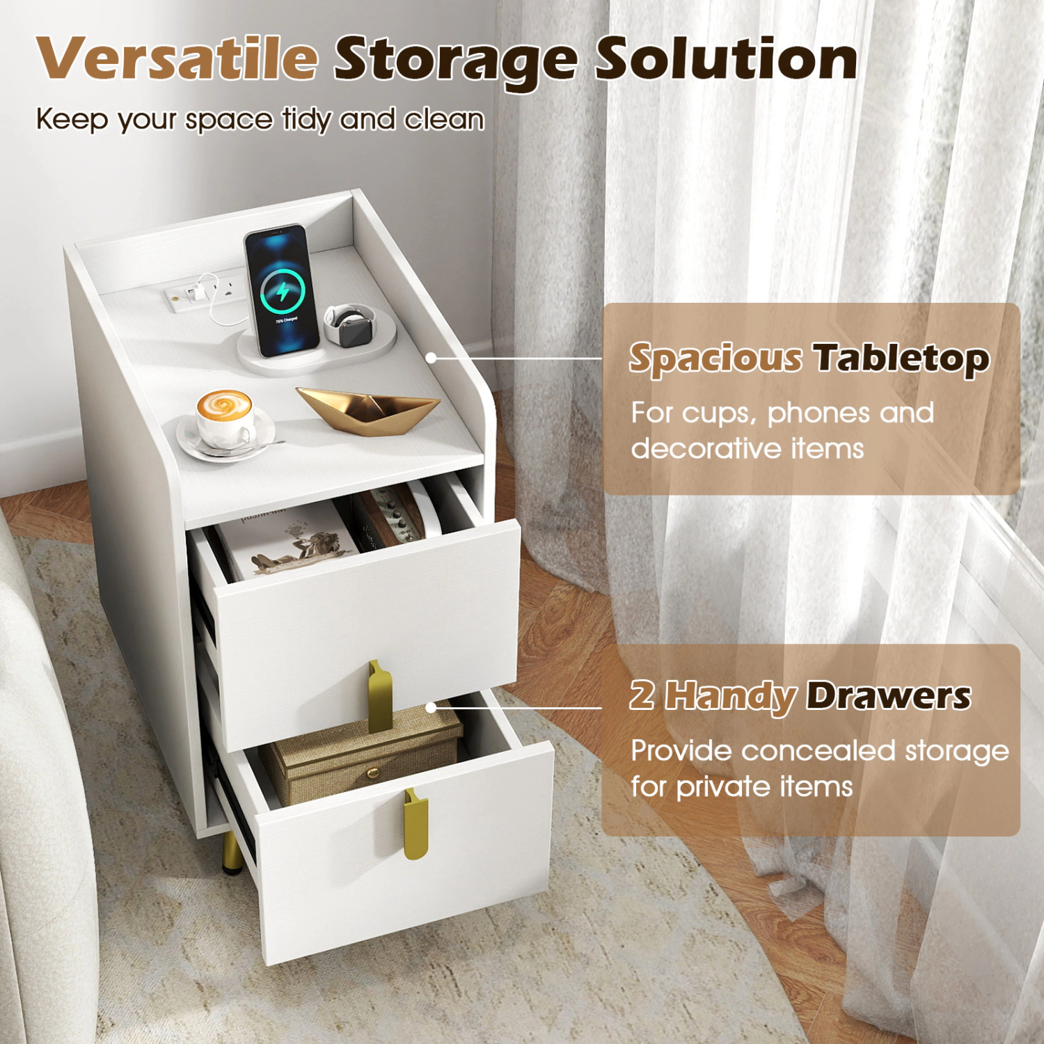 Hivvago Nightstand Side Tables with 2 Drawers and USB Ports