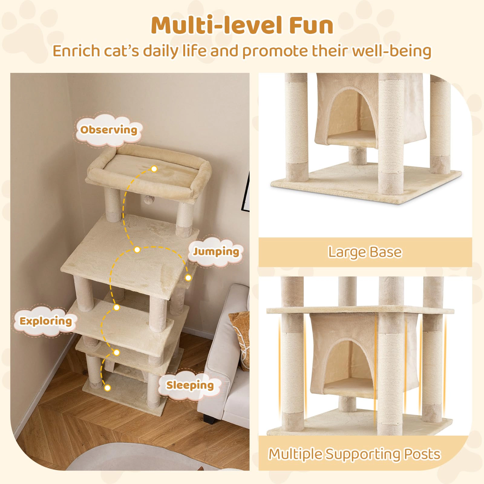 Glintex 58-Inch Cat Tree with Swaying Aerial Condo and 6 Scratching Posts