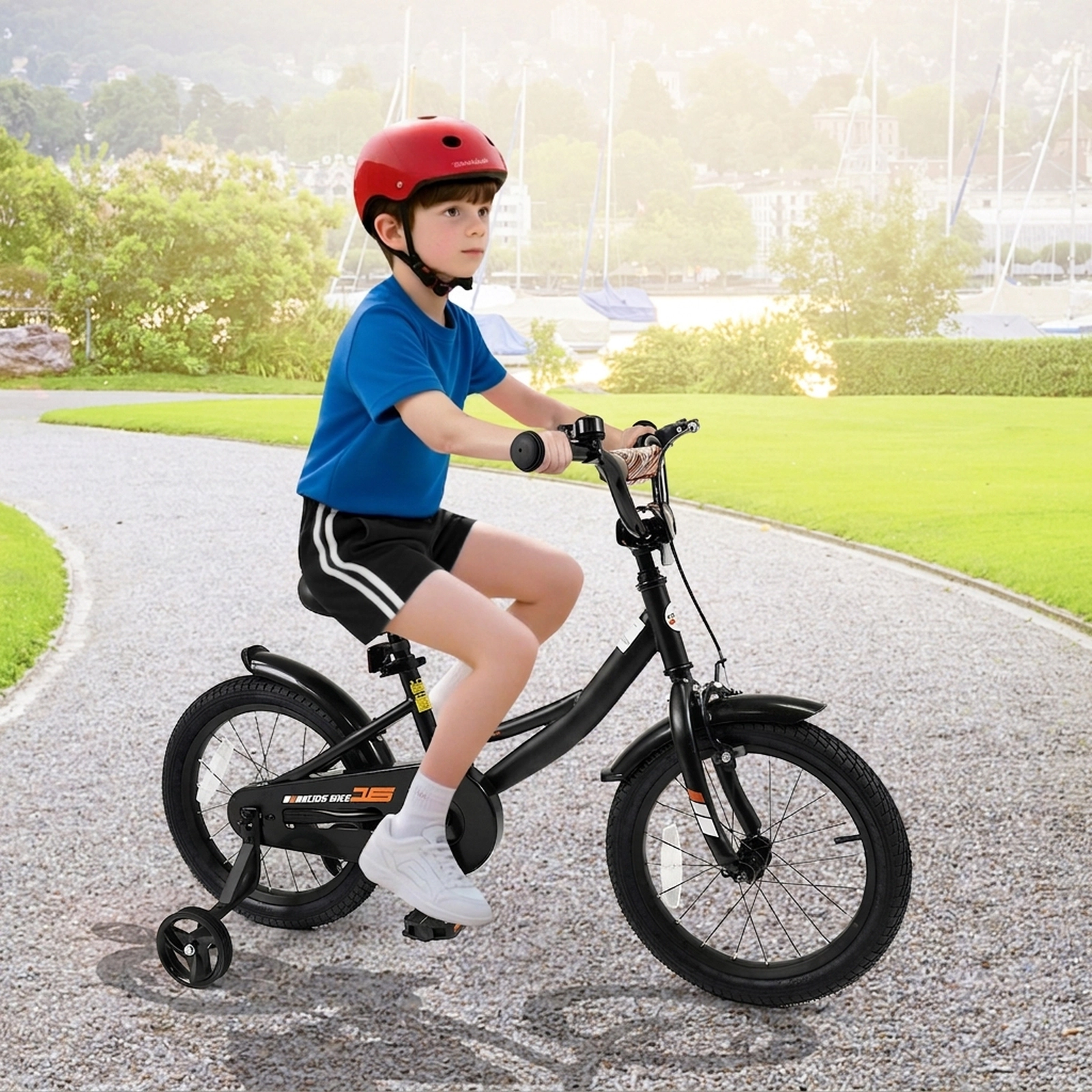 16-in Kids Bike Ages 4-7 Black Bicycle Detachable Training Wheels Reflectors Bell Kickstand 145-lb Seat Rating