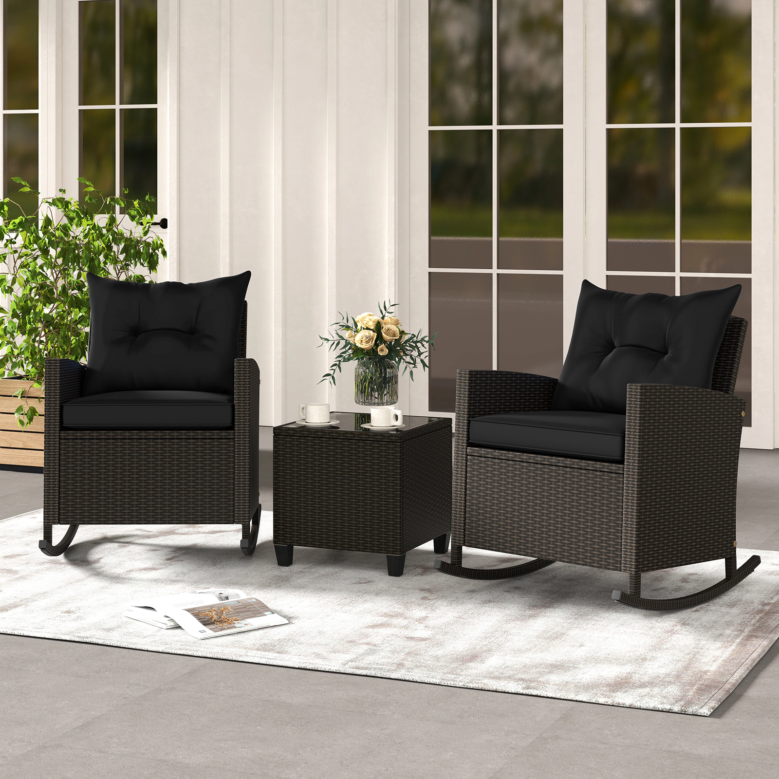 SUGIFT Rocking Conversation Set with Tempered Glass Coffee Table 400-lb Chair Capacity Black Rattan with Soft Cushions