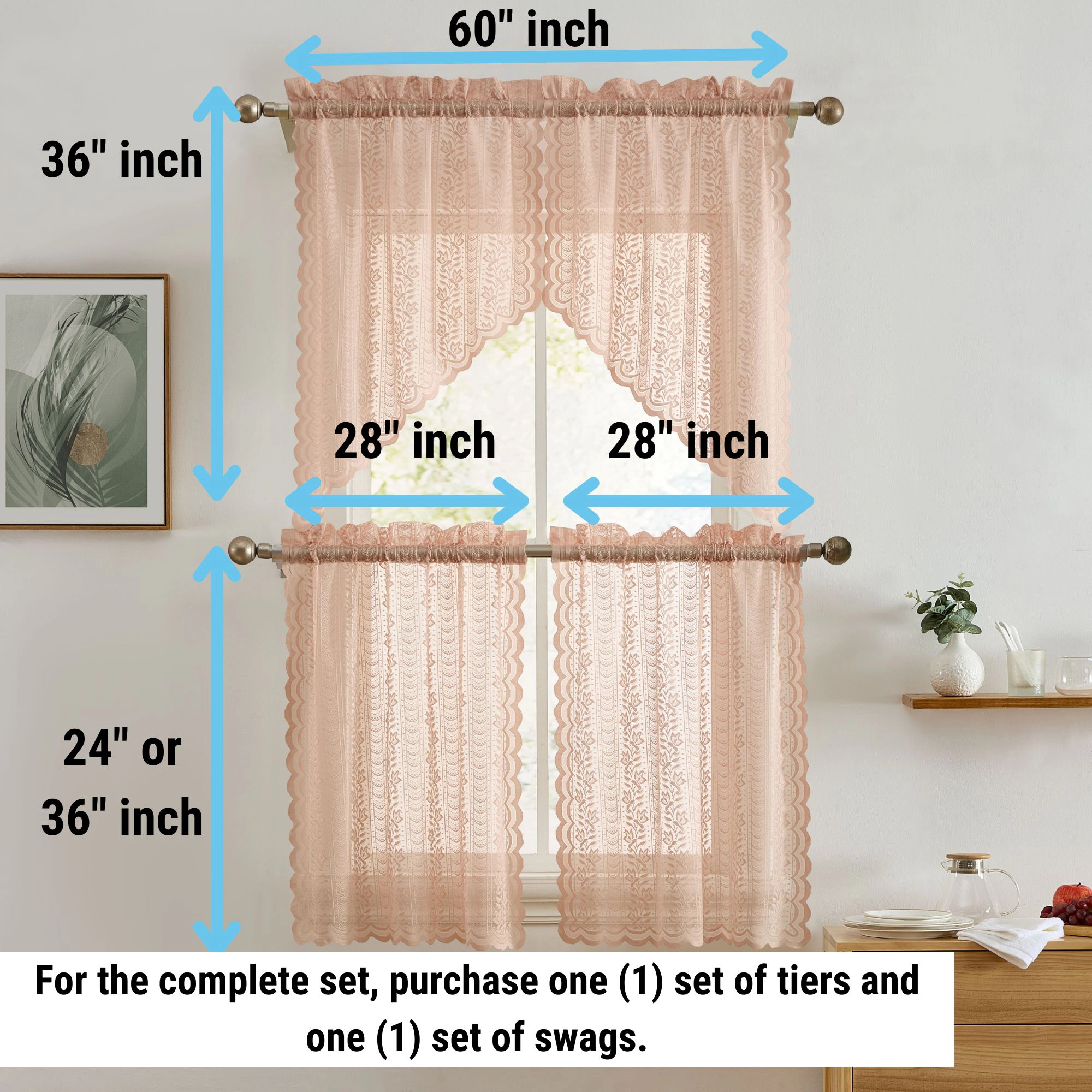 HLC.ME Sophia Floral Rod Pocket Lace Semi Sheer Voile Short Cafe Tiers for Small Windows - Set of 2