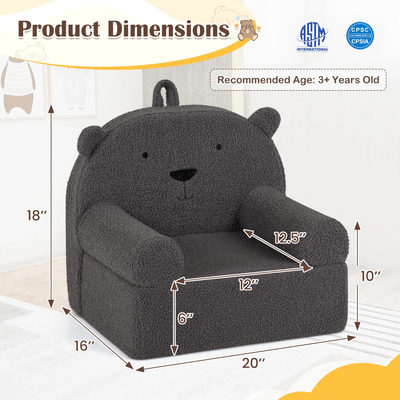 SUGIFT Gray Toddler Foam Chair, Teddy Fleece Cover, Carry Handle