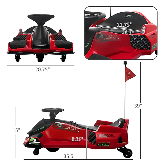 HONGGE 12V Electric Drift Go Kart for Kids with Music, Lights & Slow-Start Technology, Red