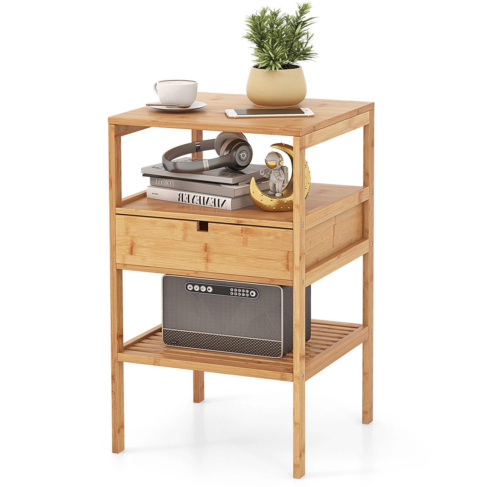 Glintex Bamboo Nightstand with Slatted Ventilated Shelves and Cut-Out Handle Drawer, Natural