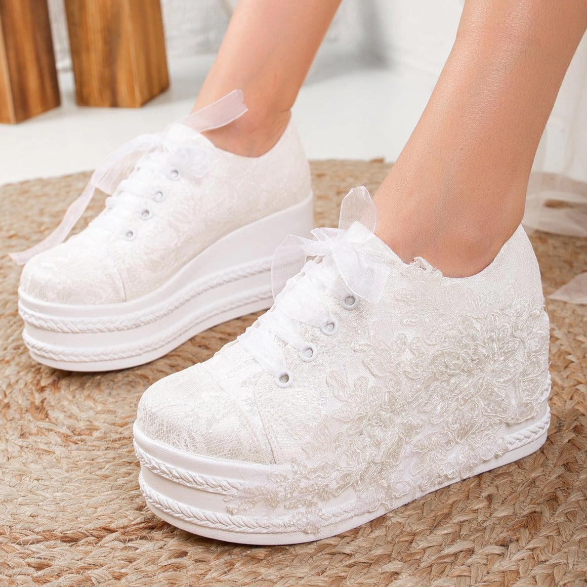 Forever & Always Womens Claudine Lace Bridal Platform Sneakers