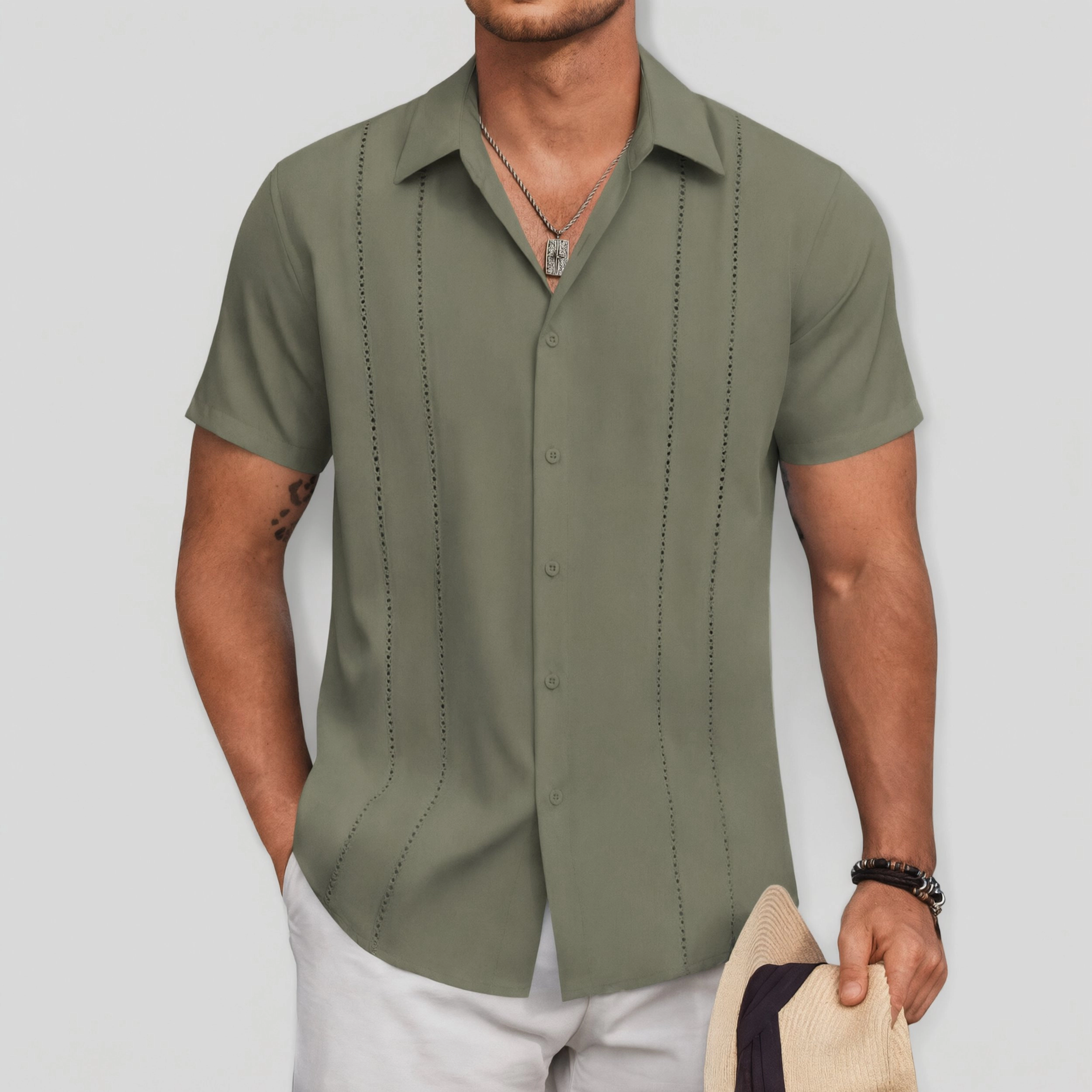 COOFANDY Mens Short Sleeve Button Down Shirts Cuban Collar Pleated  Tops