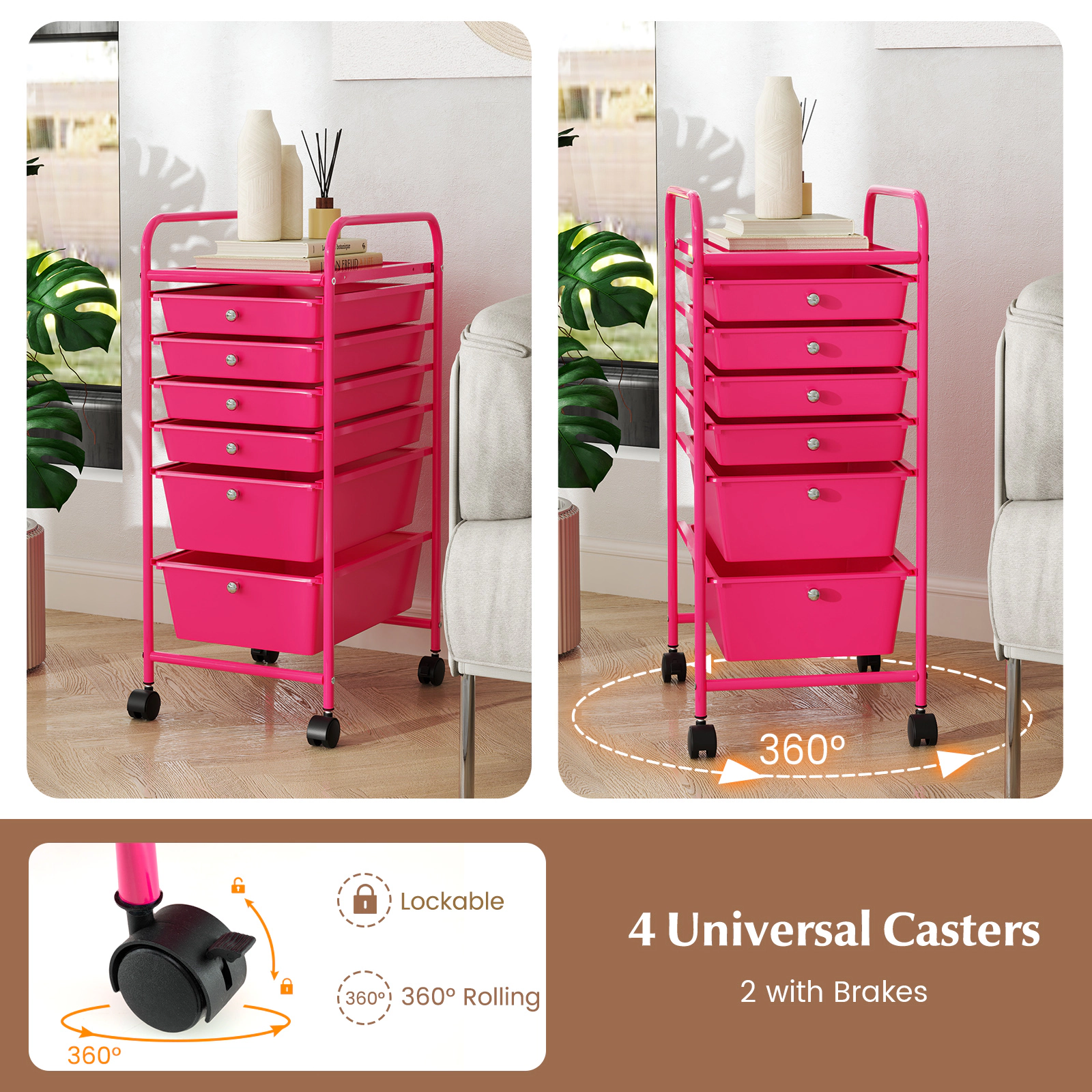 SUGIFT Multifunctional 6-Drawer Rolling Storage Cart Organizer 30-in Tall Rose Red