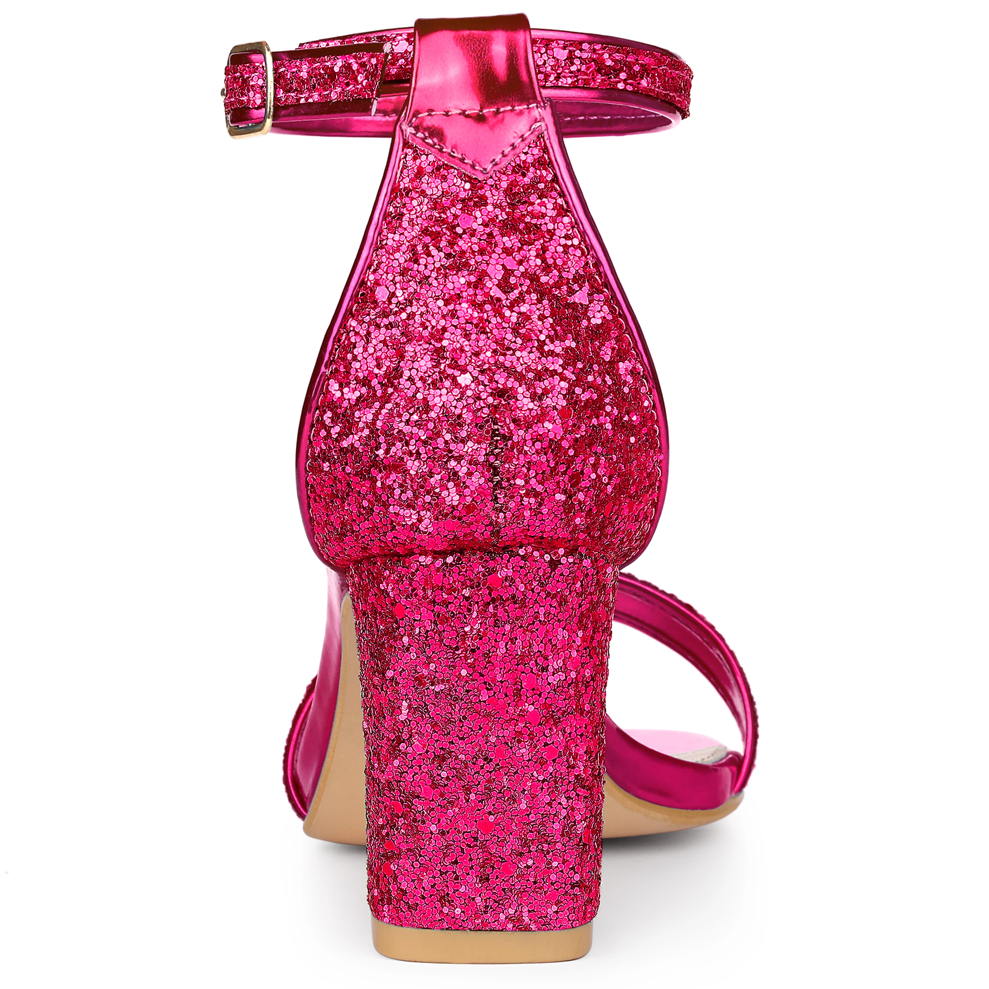 BLISSFUL STEP Women's Glitter Ankle Strap Chunky Heel Square Toe Sandals