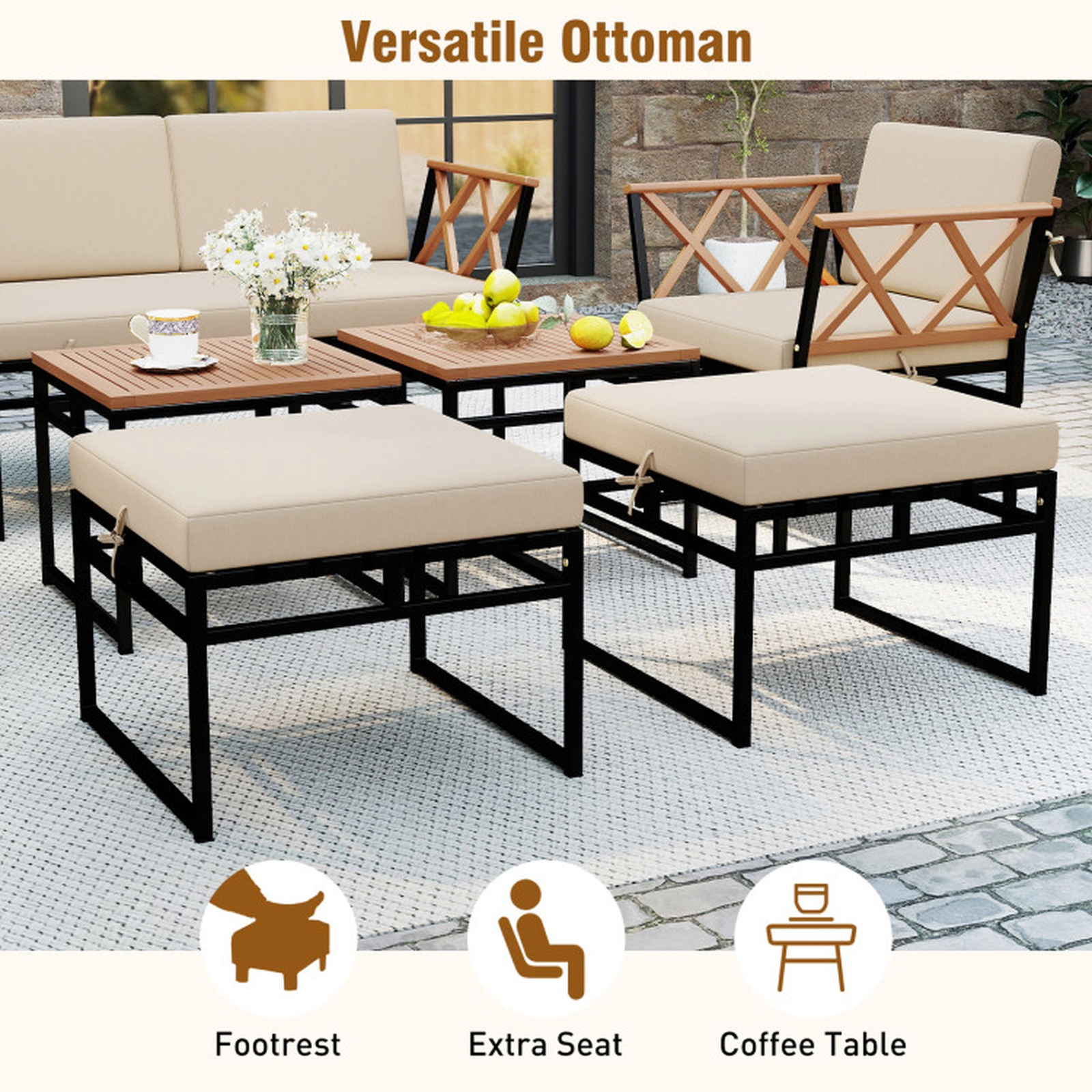 SUGIFT 7-Piece Beige Outdoor Patio Conversation Set with Loveseat, Armchairs, Ottomans and Acacia Wood Tables