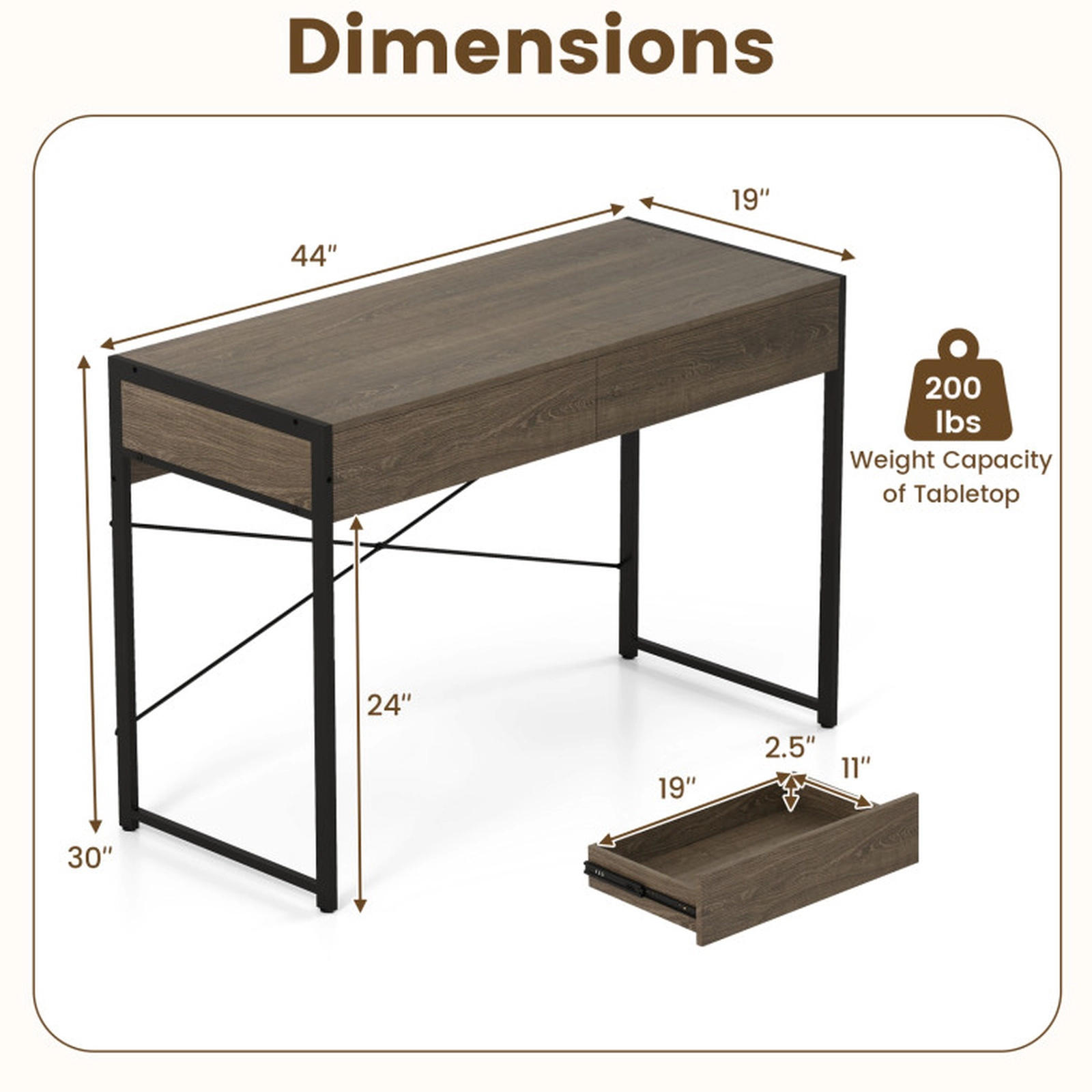SUGIFT 44-Inch Oak Computer Desk with 2 Drawers, Metal Frame and Anti-Tipping Kit