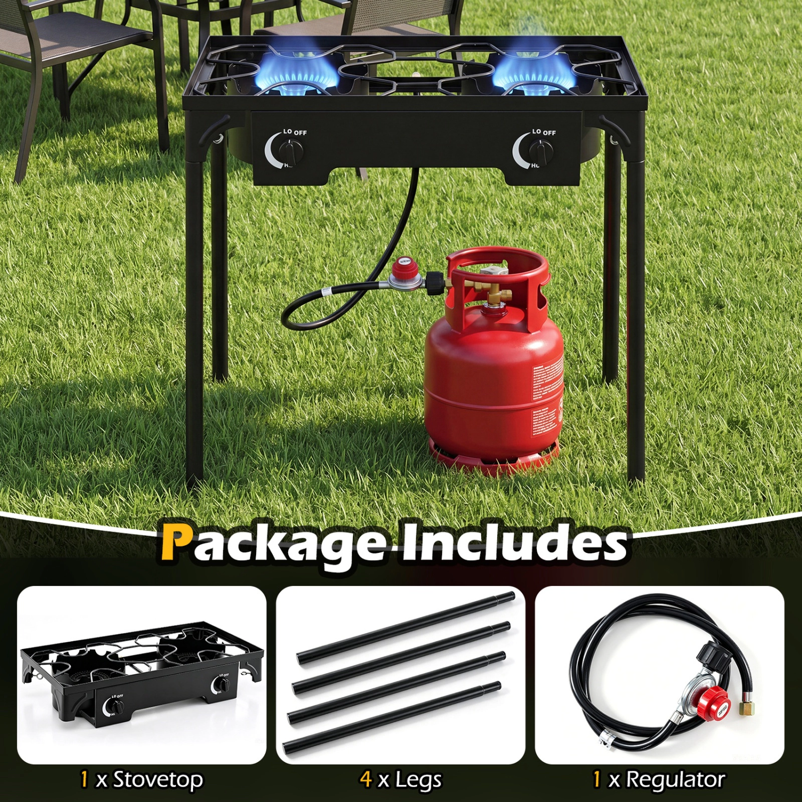 SUGIFT 160000 BTU 2-Burner Propane Stove with Adjustable Regulator and Hose 440-lb Capacity Black