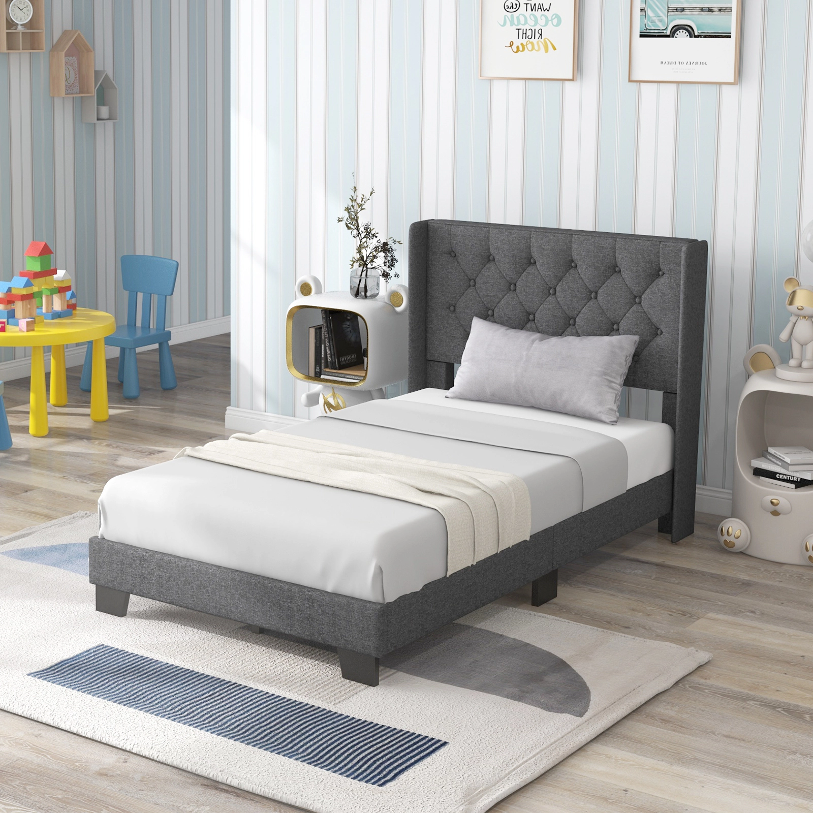 SUGIFT Twin Upholstered Platform Bed, Gray Fabric, Button-Tufted Headboard