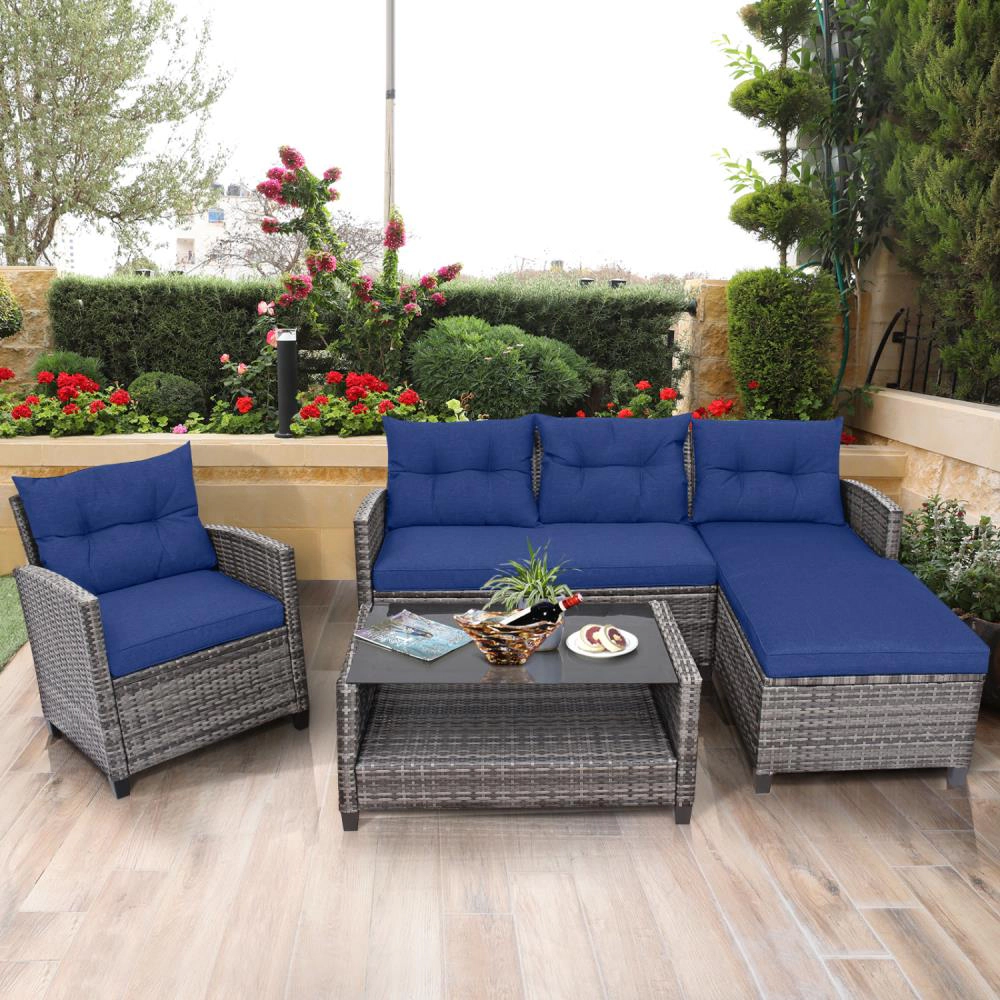 Hivvago 4 Pieces Patio Rattan Sofa Furniture Set With Cushion And 2-Tier Coffee Table