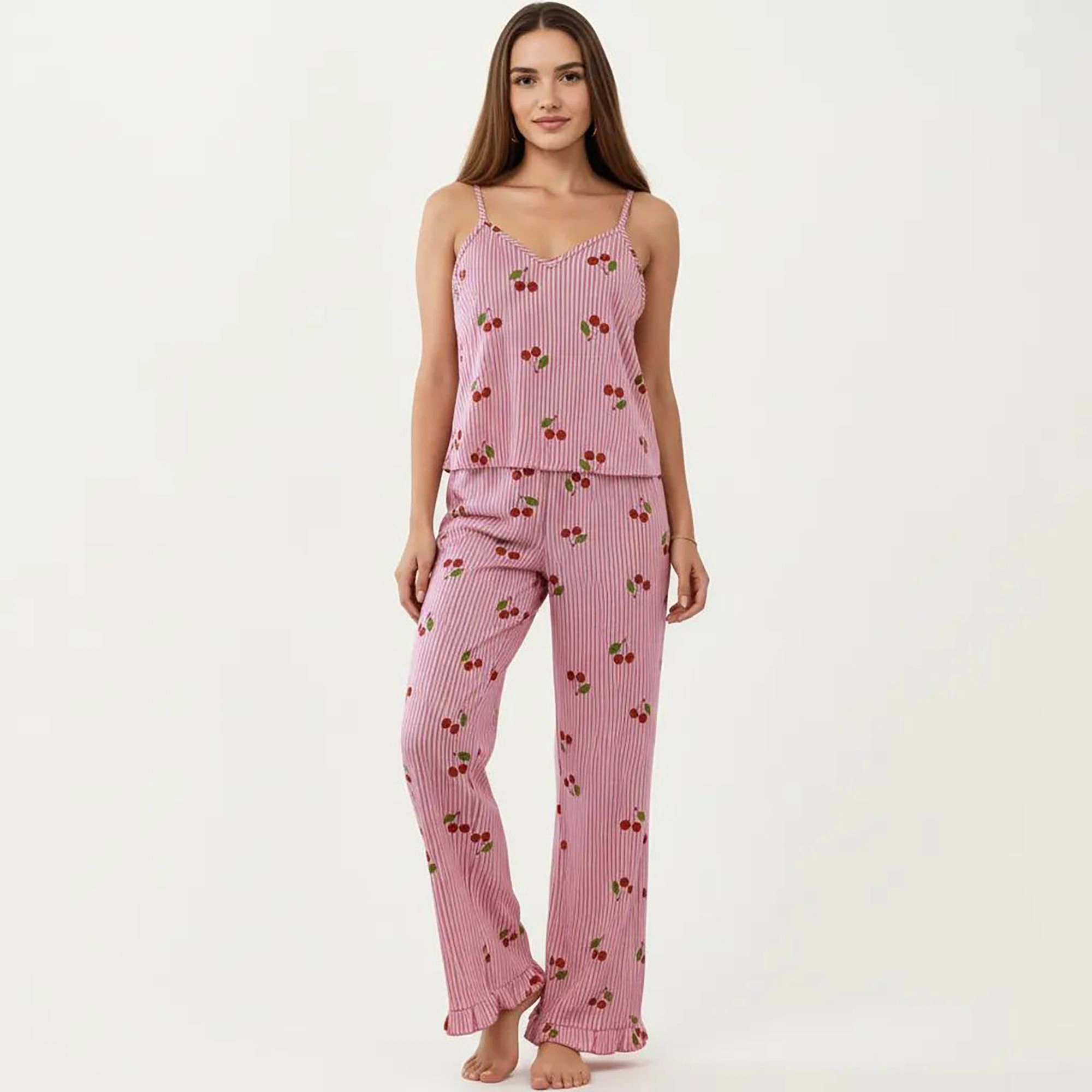 Anna-Kaci Women's 2-Piece Pajama Cami Top with Adjustable Straps and Relaxed Fit Pants Printed Sleepwear Set