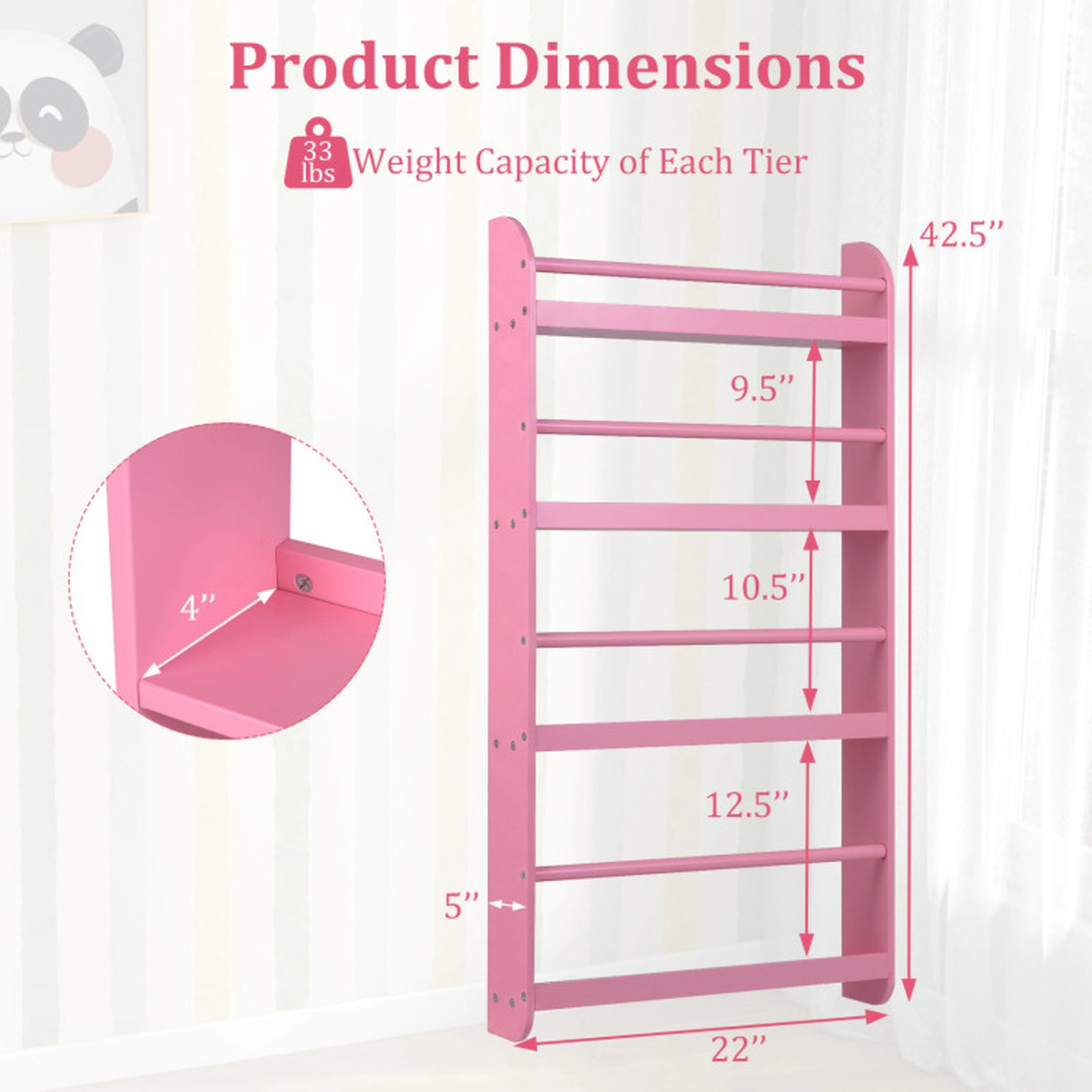 SUGIFT Pink 4-Tier Kids Wall Bookshelf Organizer with Basswood Crossbar
