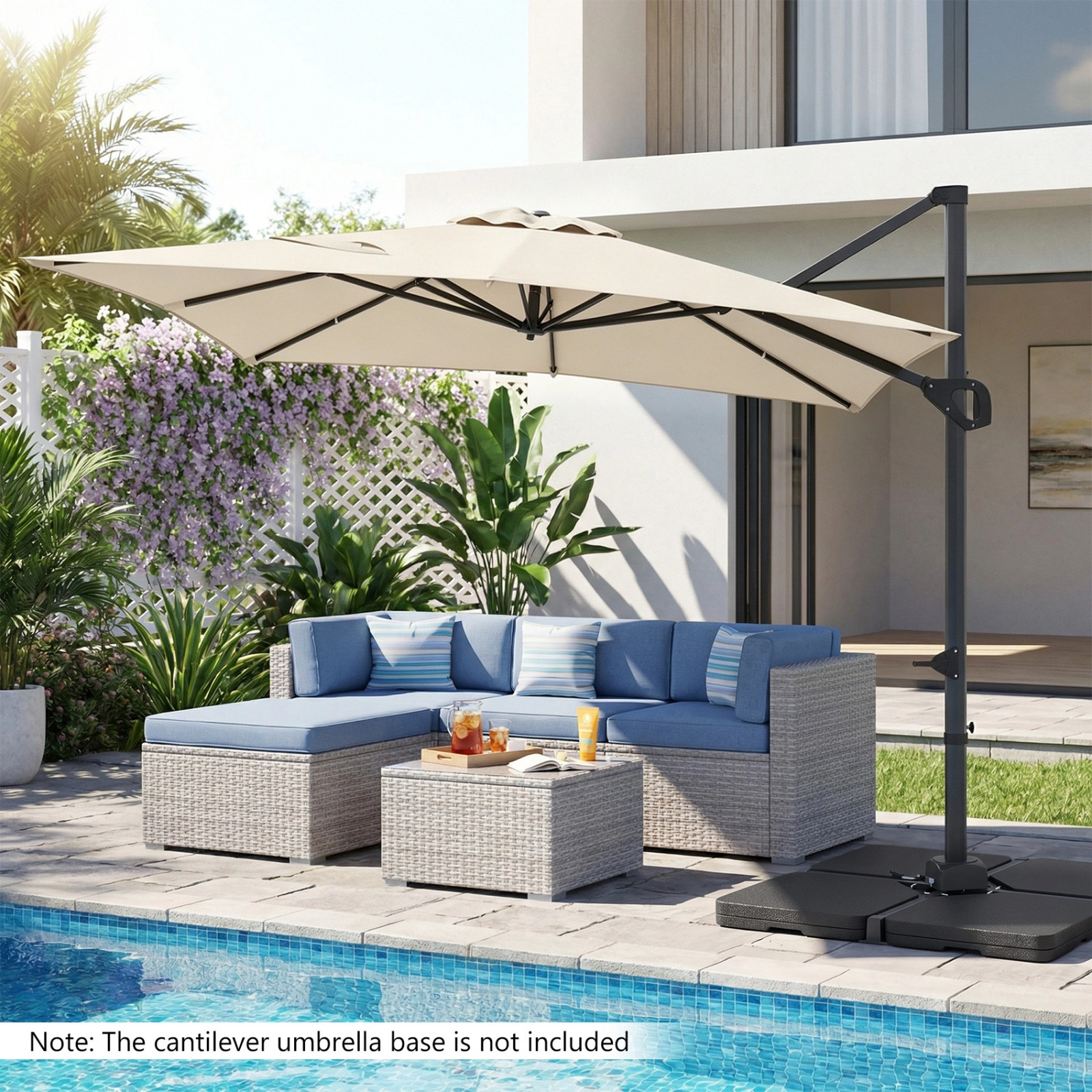 SUGIFT 11 x 9ft Cantilever Patio Umbrella with 360 Degree Rotation and Easy Tilt Adjustment 40 x 40 in Cross Base Beige