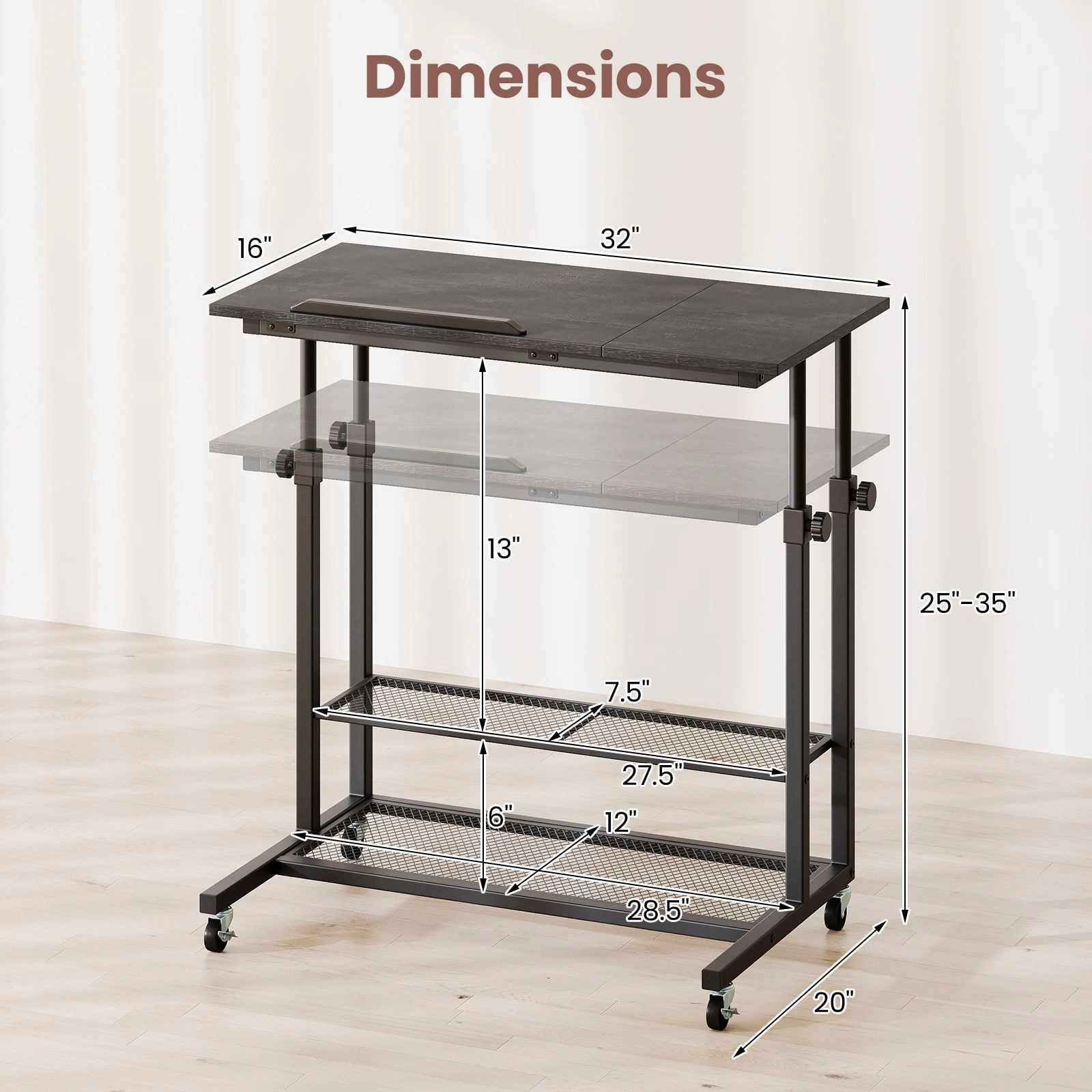 SlickBlue Adjustable Computer Desk Cart with Wheels and Tilt Work Surface